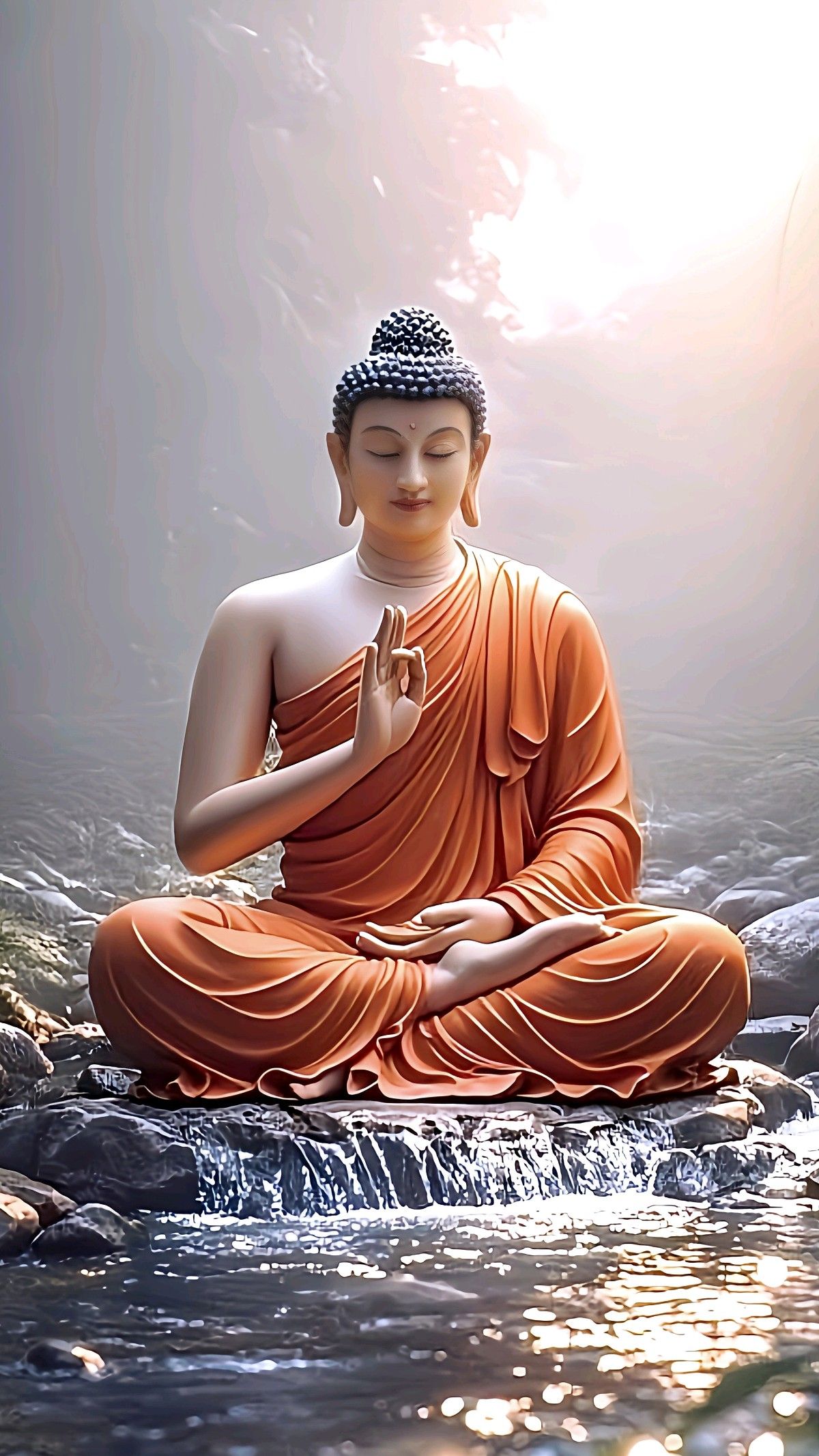 Buddha meditating by a flowing river