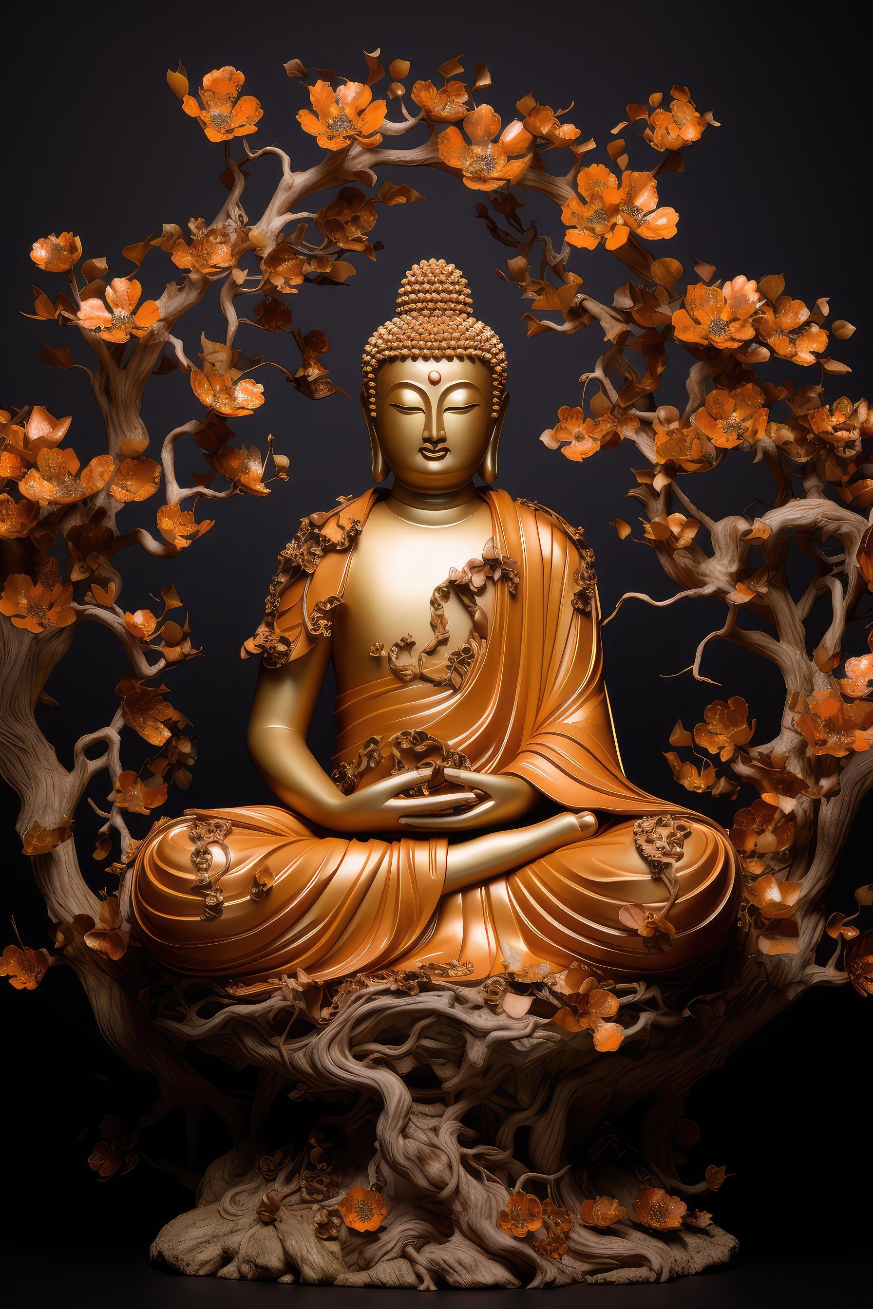 Golden Buddha meditating under blossom tree