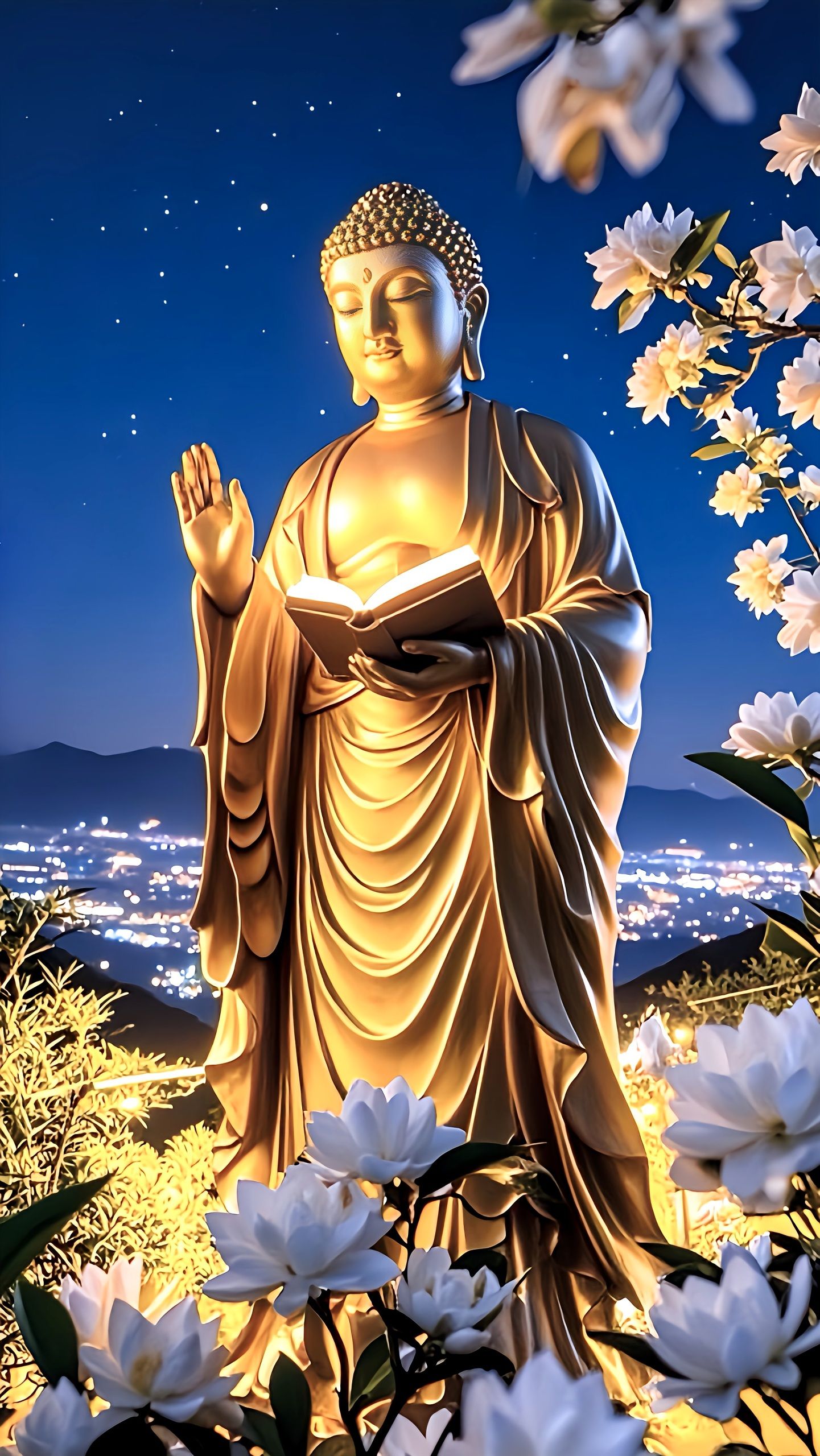 Golden Buddha statue amidst lotus flowers