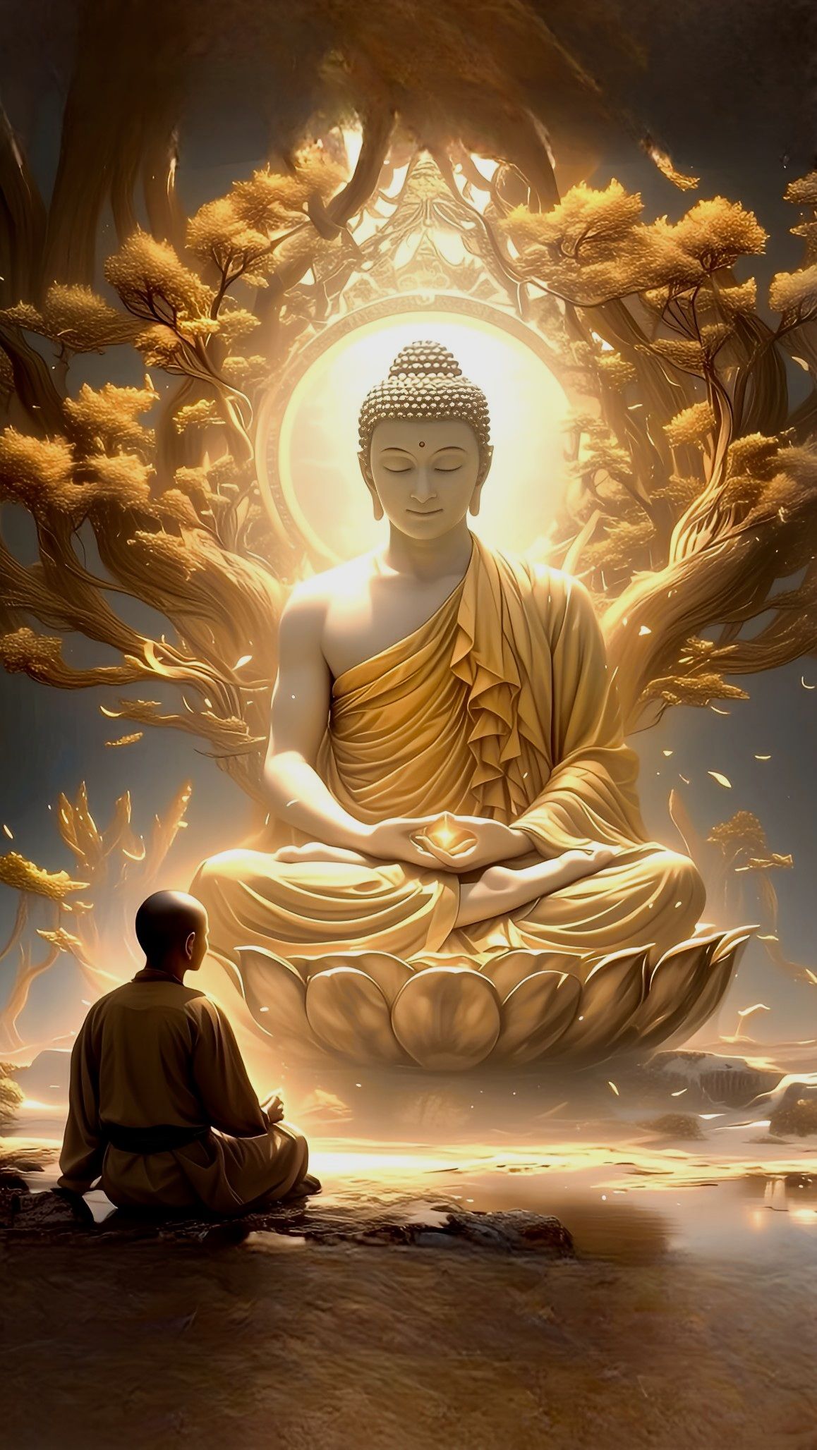 Buddha meditating under Bodhi tree