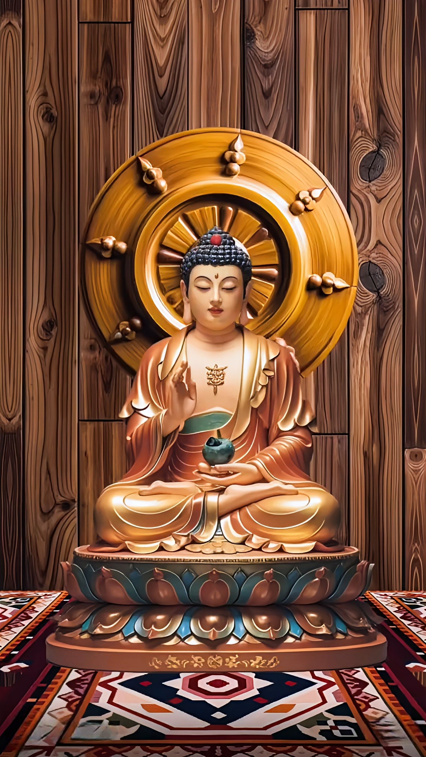 Buddha meditating with golden dharma wheel