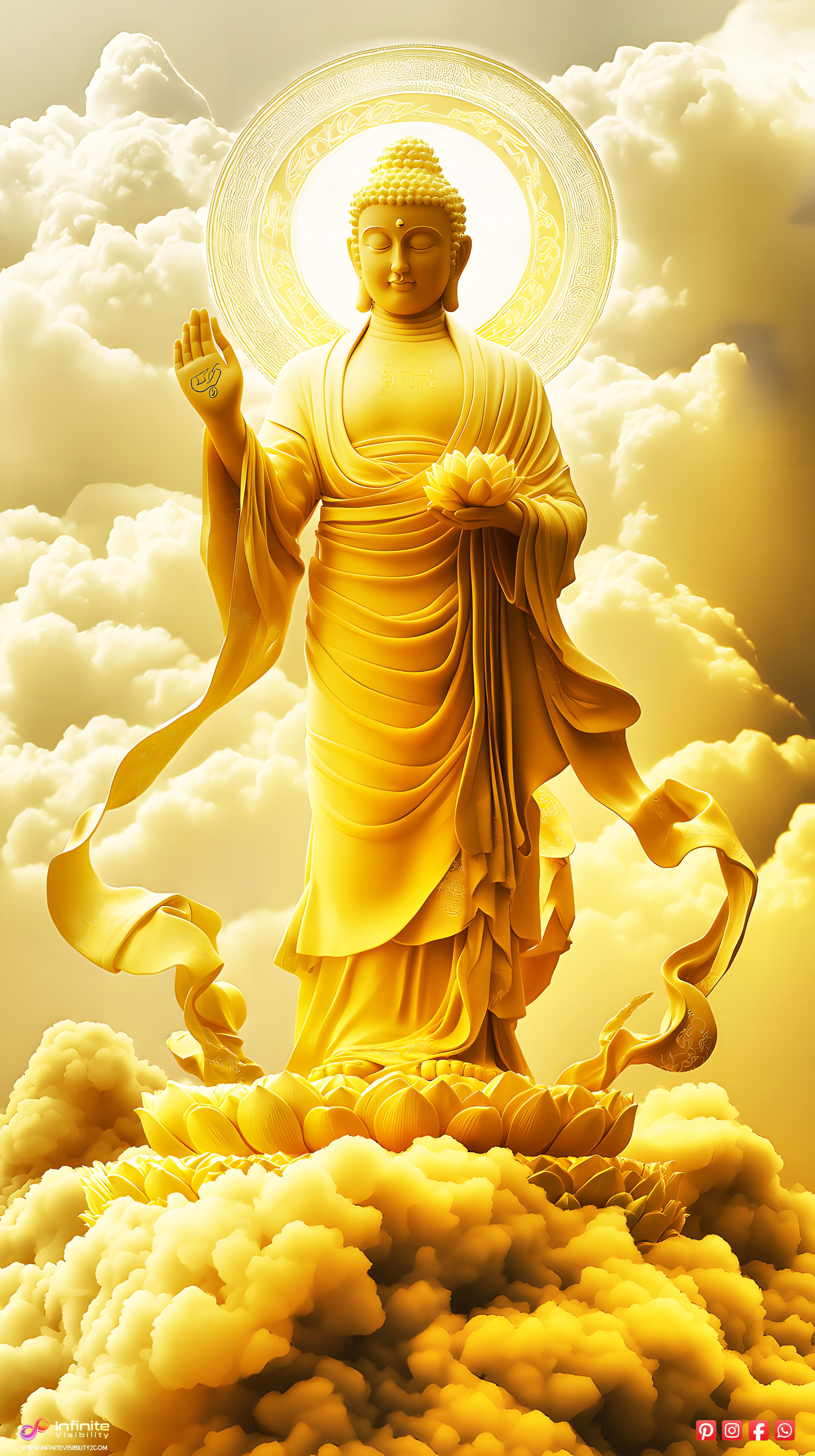 Golden Buddha amidst swirling clouds.