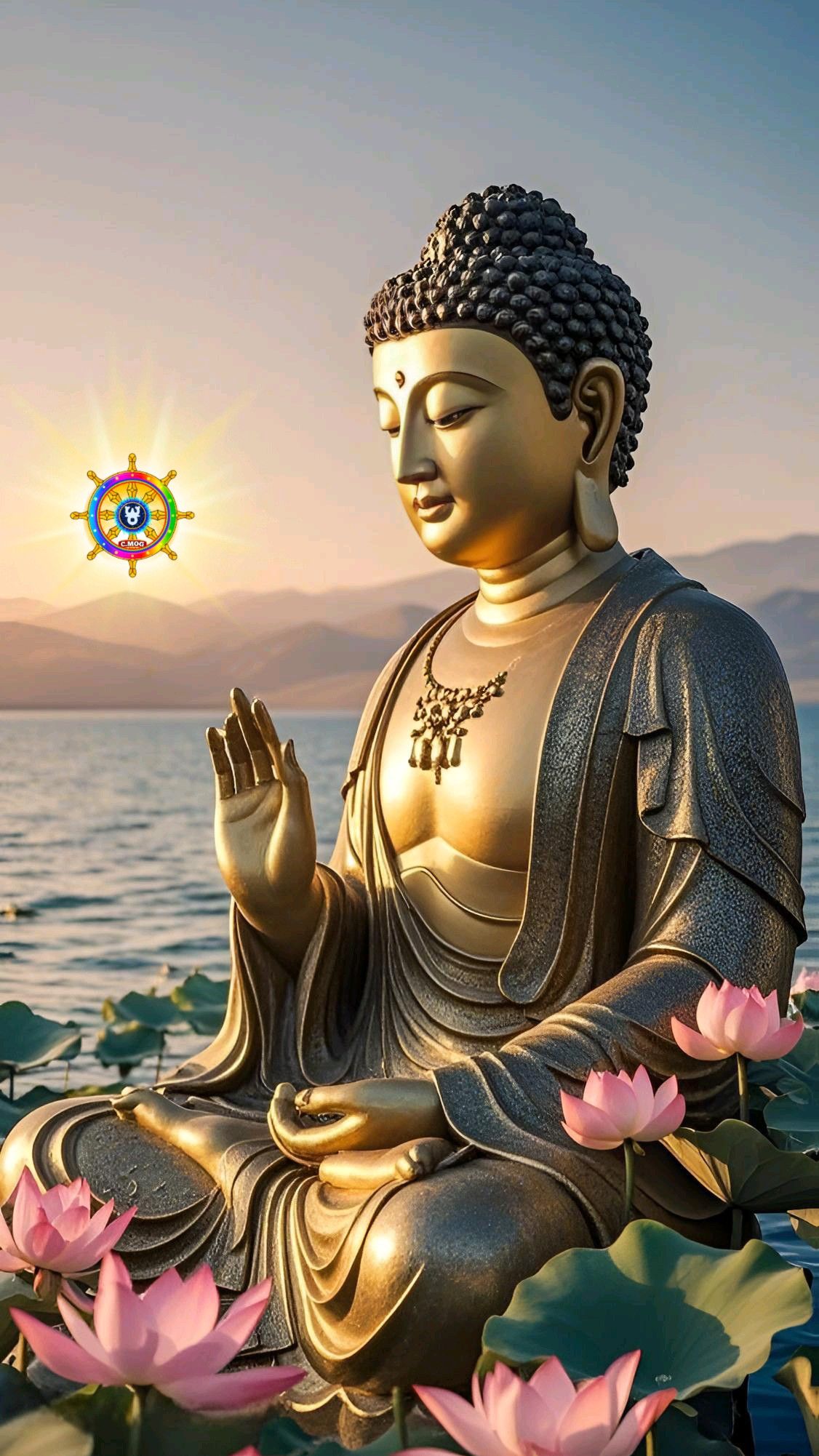 Golden buddha statue meditating on lotus