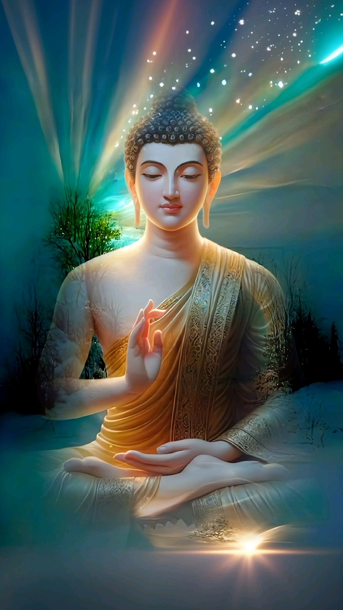 Buddha meditating in golden light.