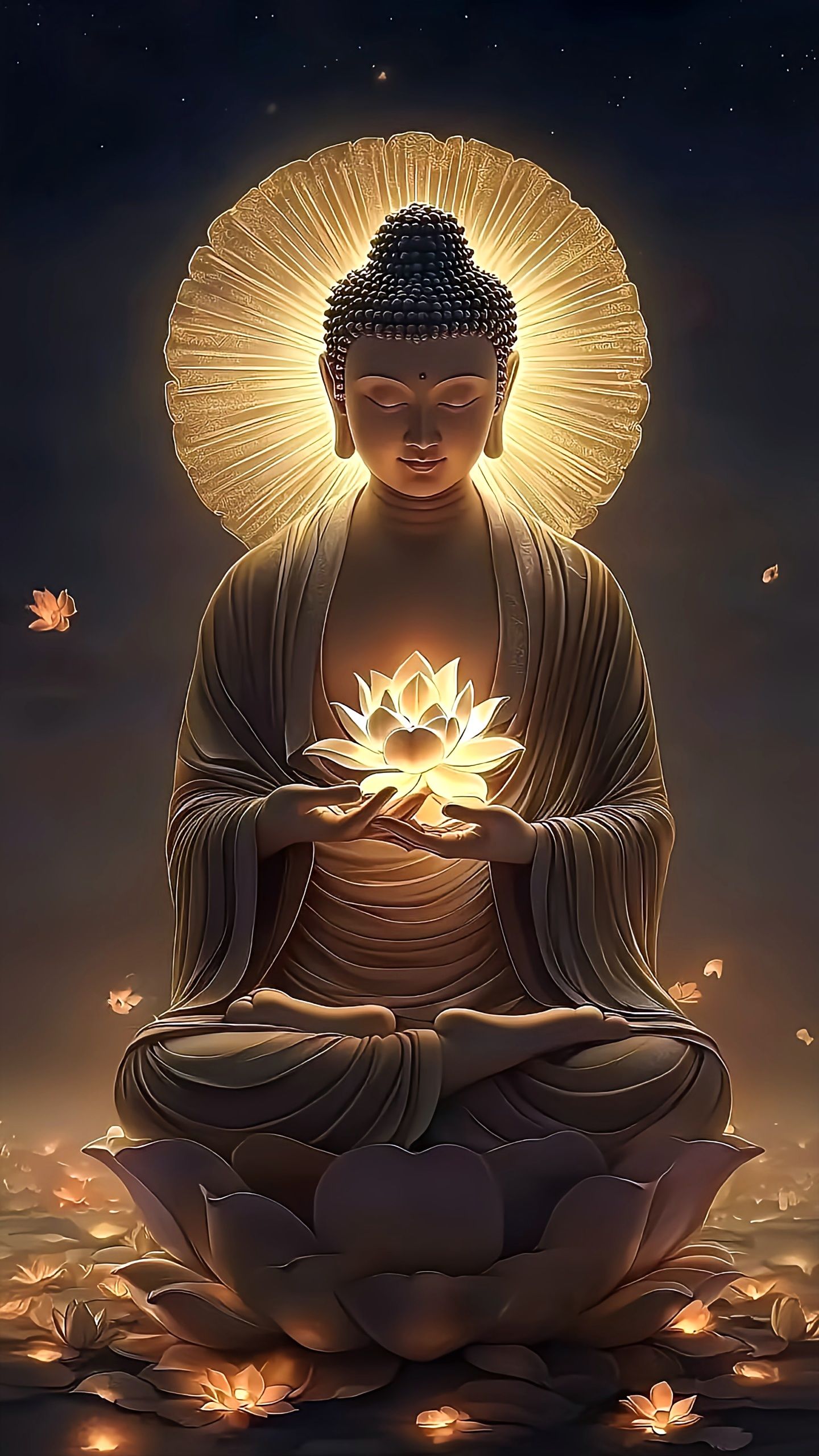 Buddha meditating with lotus flower
