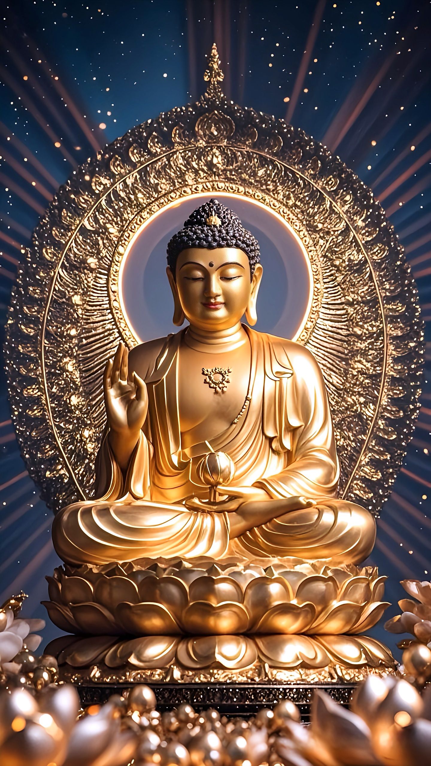 Buddha in golden lotus pose portrait