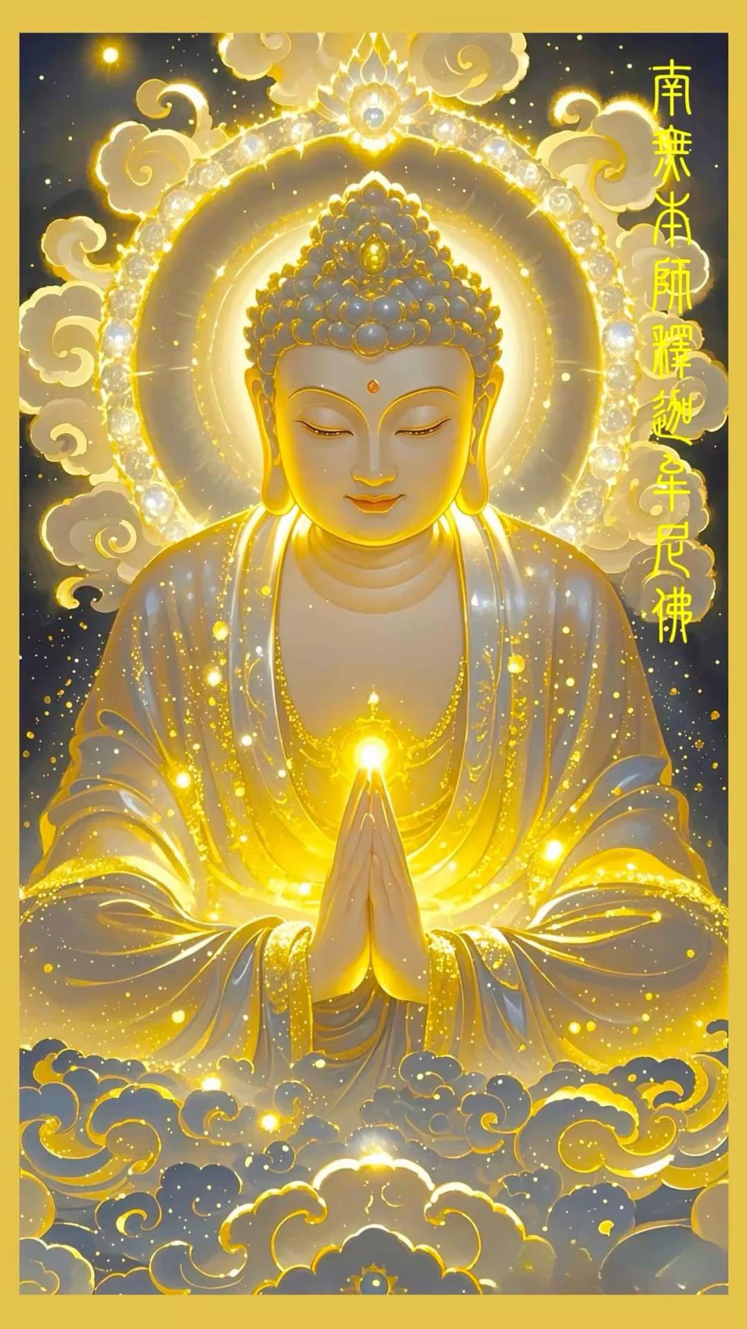 Buddha meditating in golden light