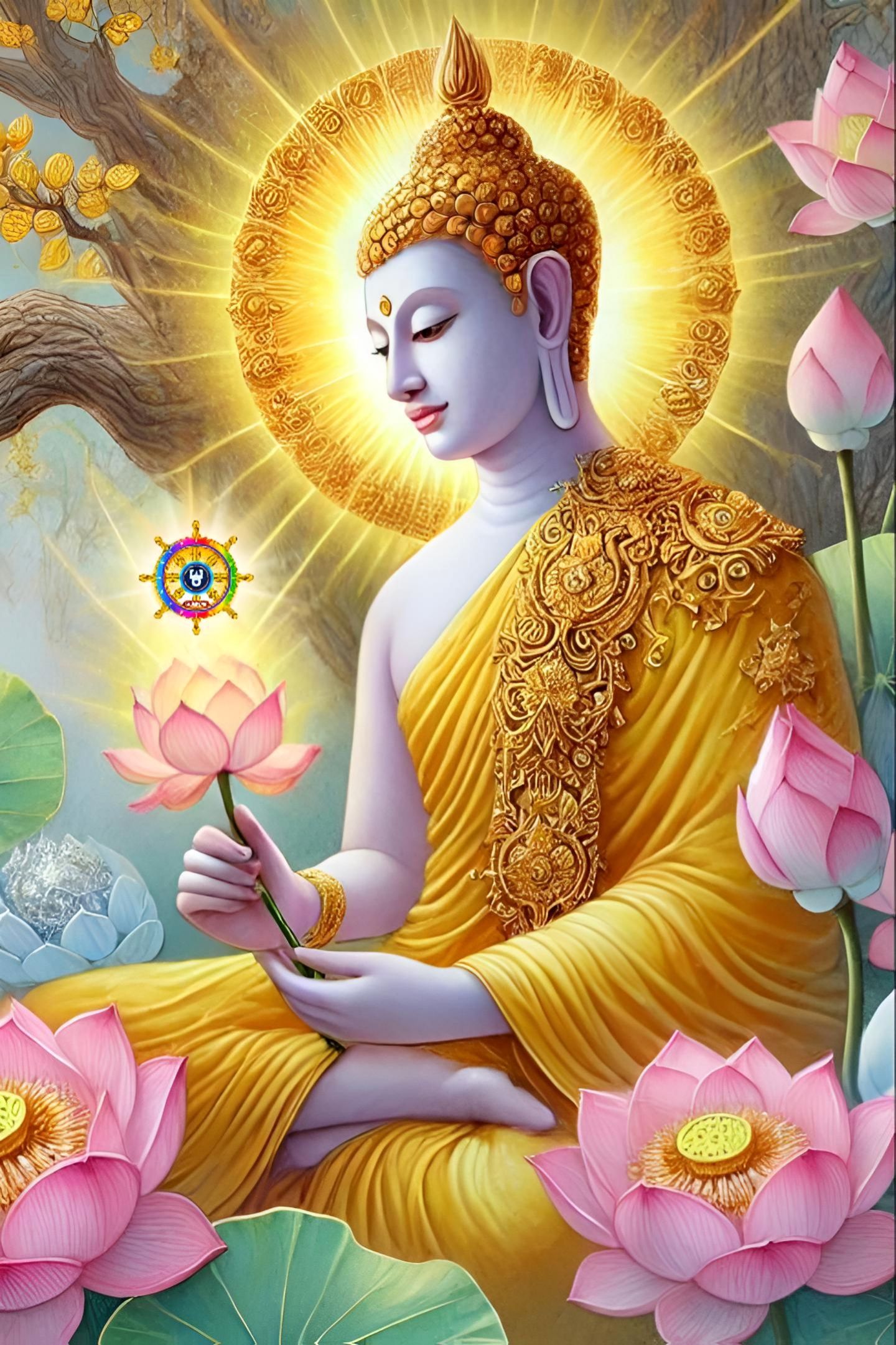 Buddha meditating amidst lotus blossoms