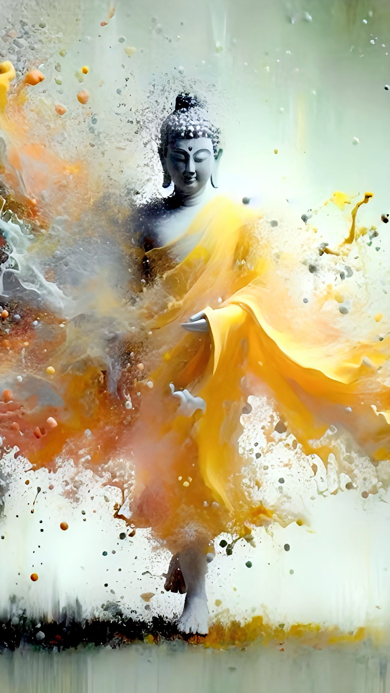 Buddha radiating golden, abstract light.