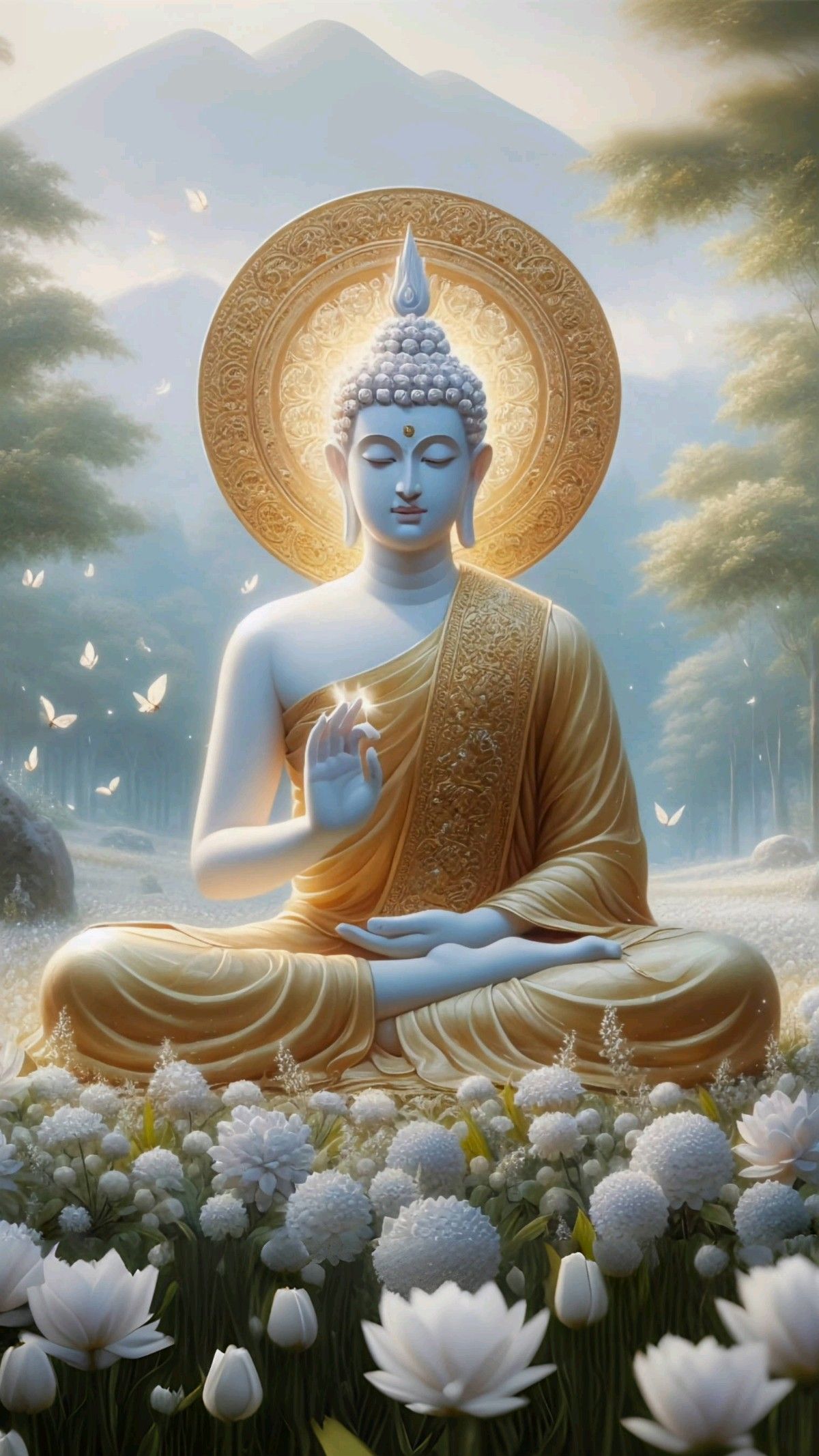 Buddha meditating amongst lotus flowers