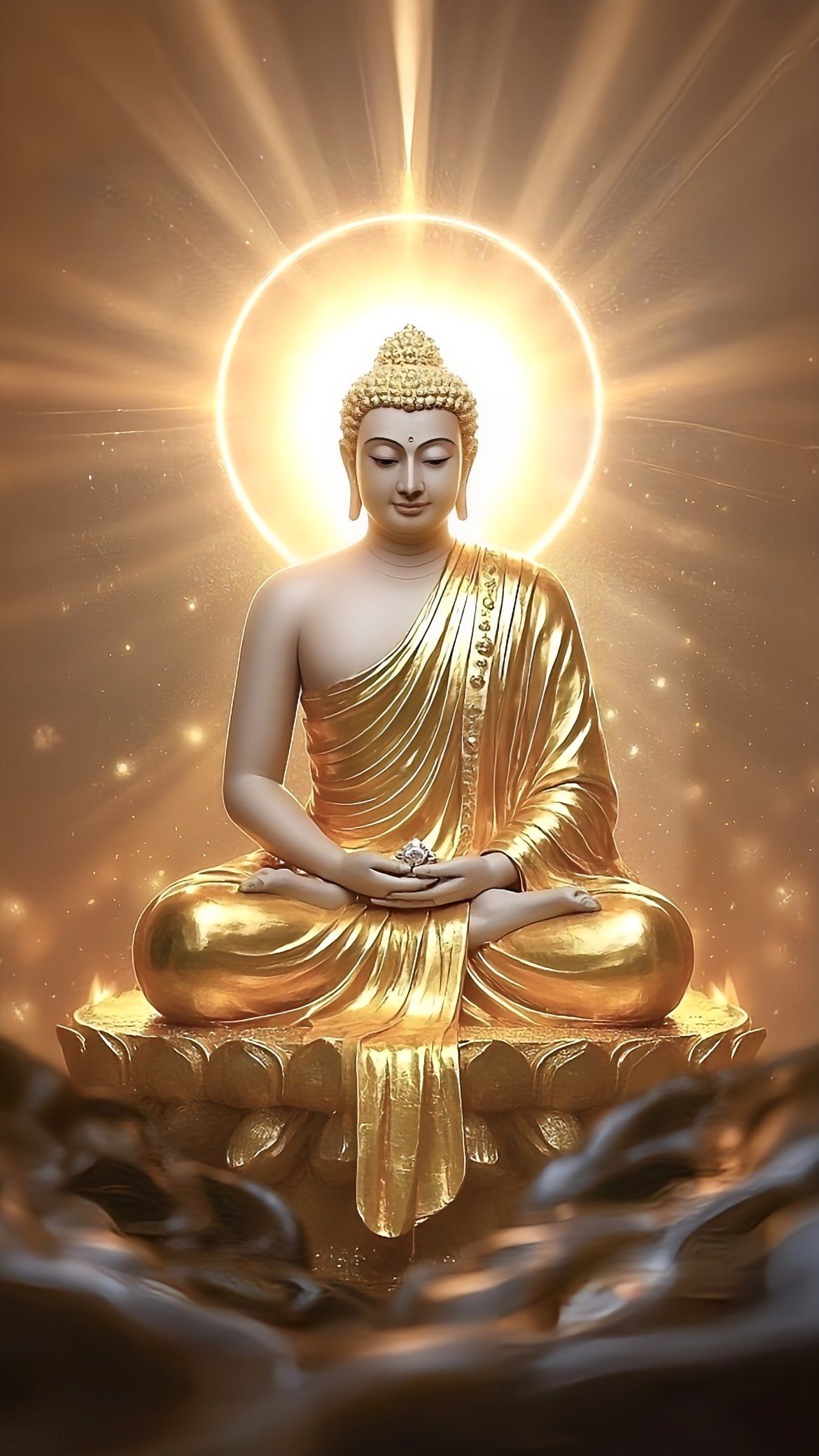 Buddha meditating in golden light