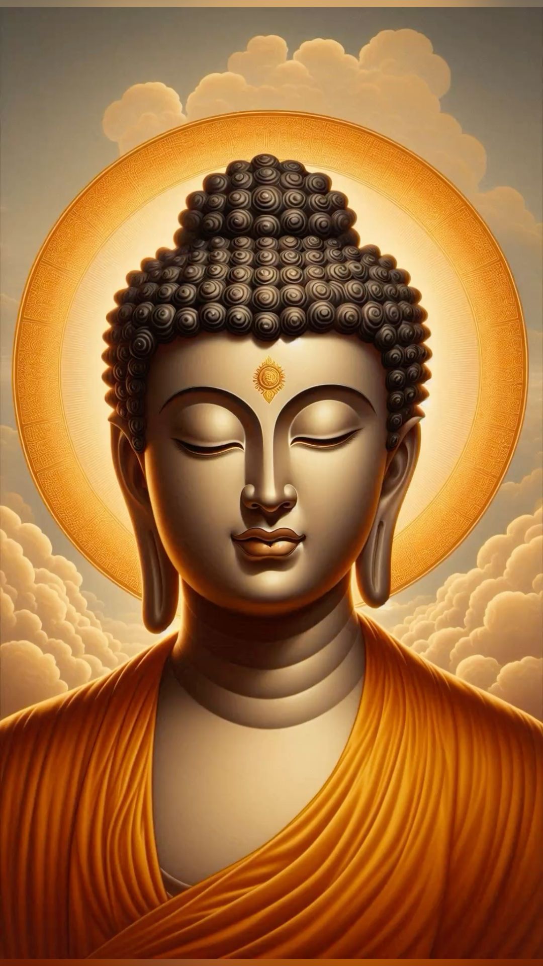 Peaceful Buddha face with golden halo
