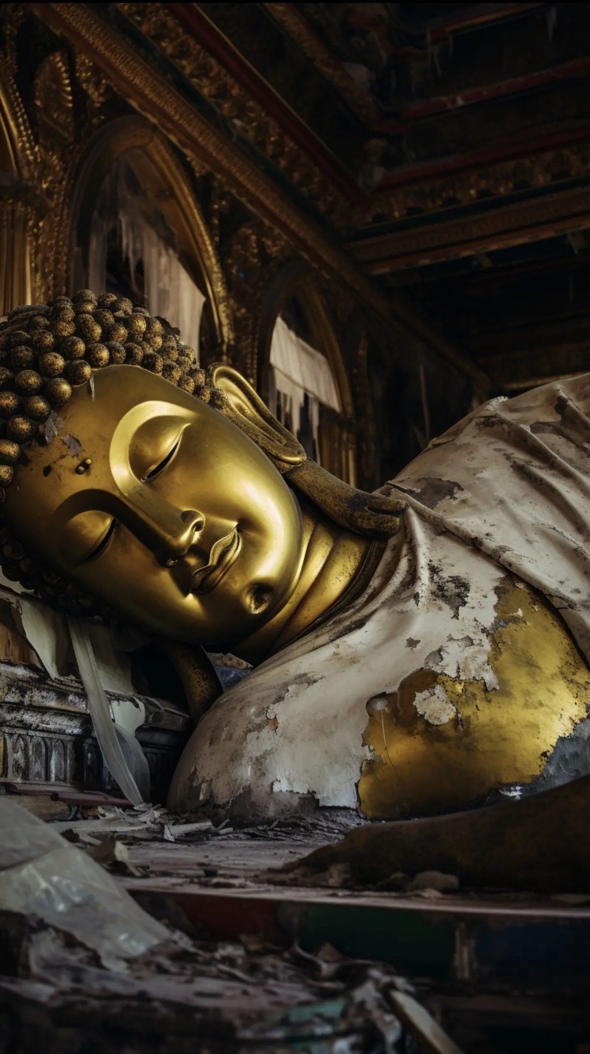 Golden reclining Buddha statue in temple.
