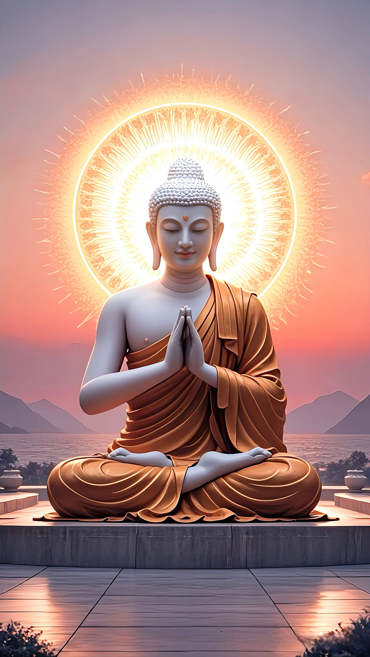 Buddha meditating in golden light.