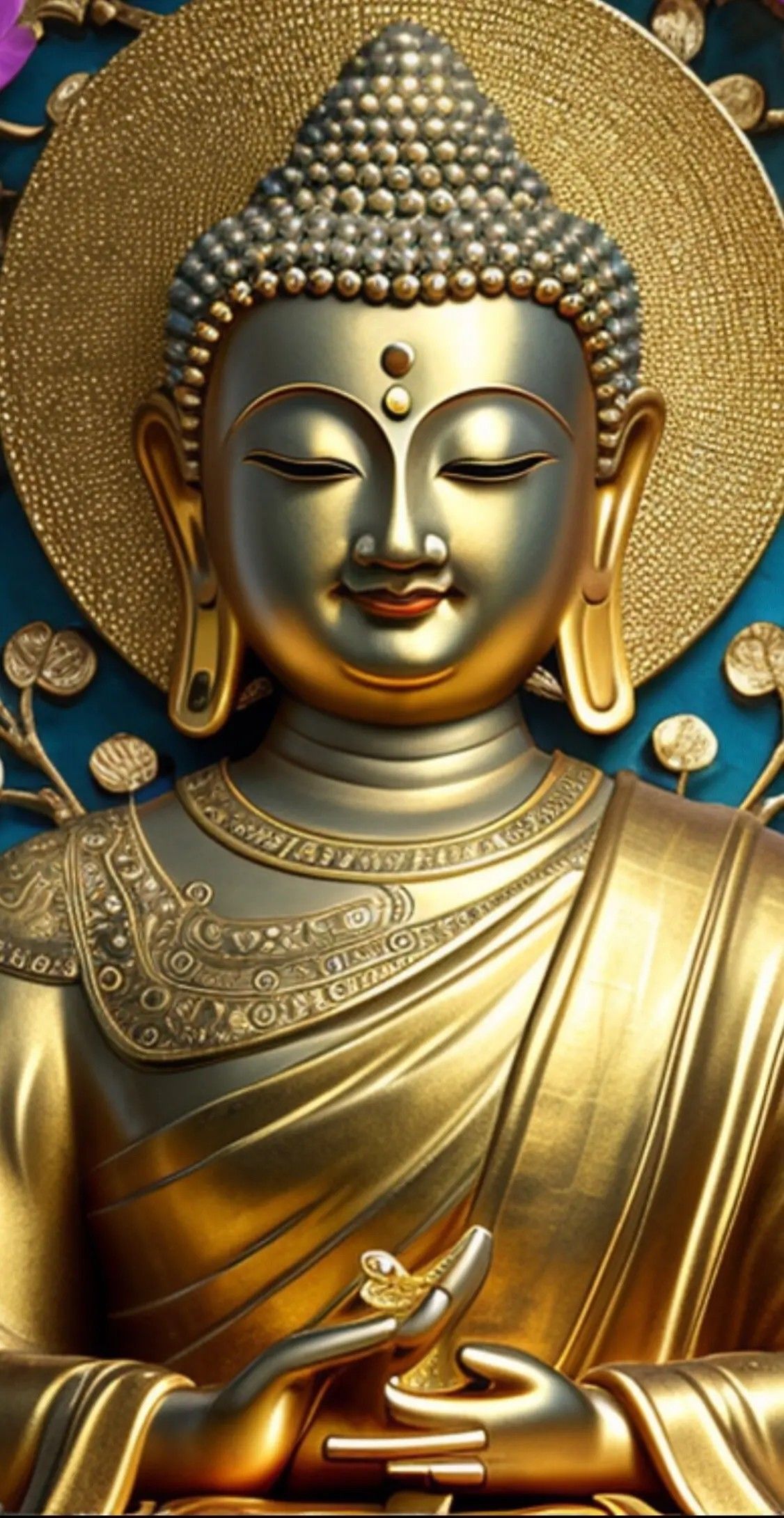 Golden Buddha face, serene and peaceful.