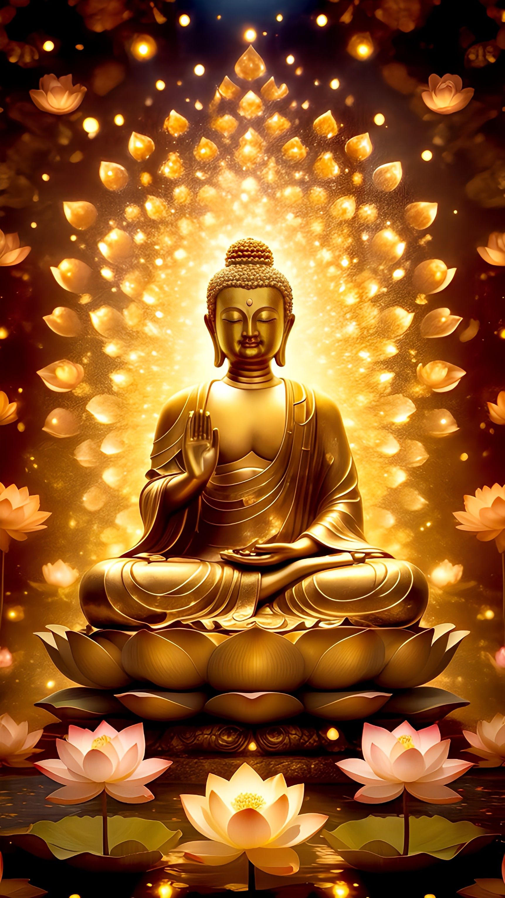 Buddha meditating among golden lotuses.