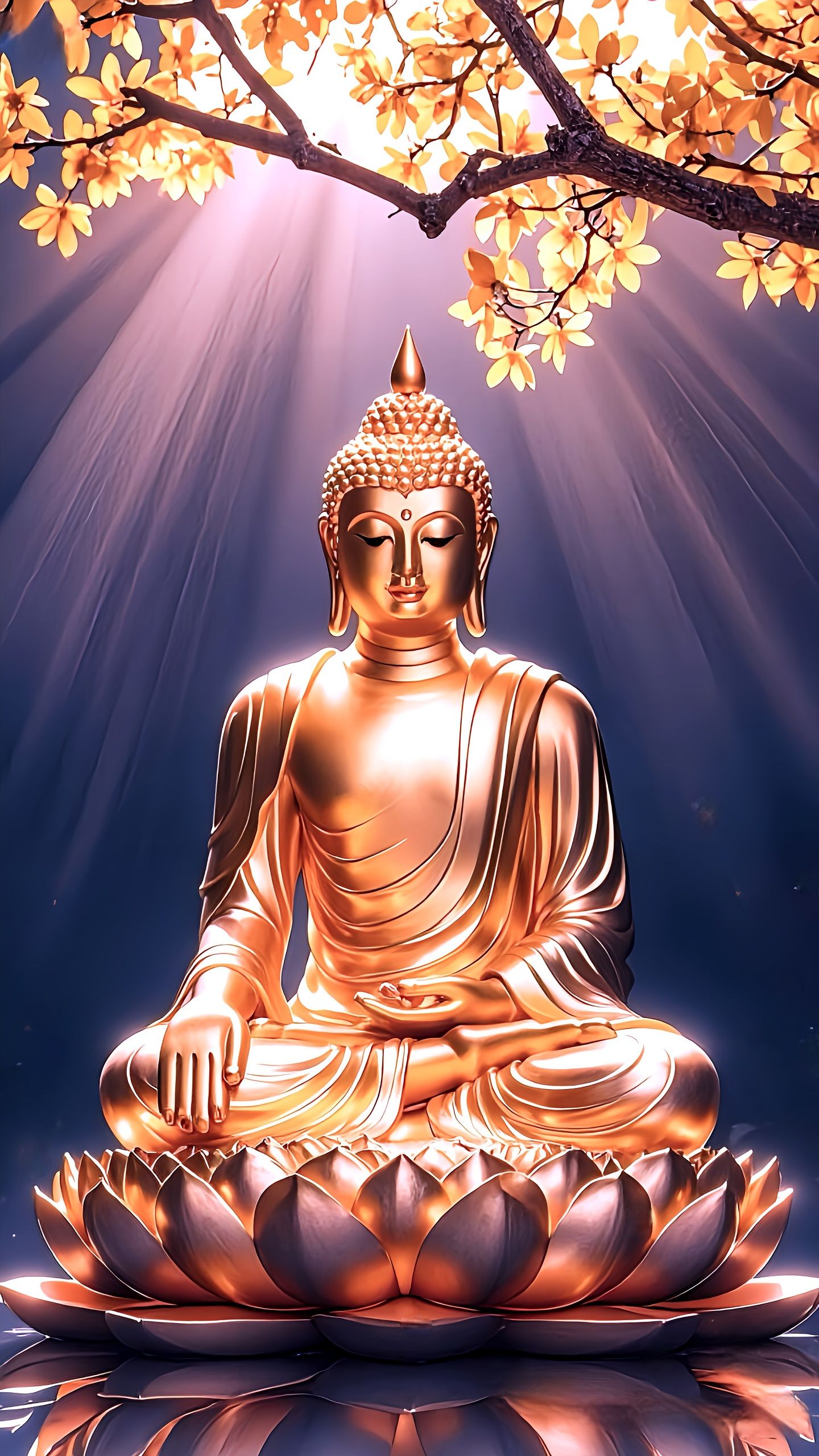 Golden Buddha meditating on lotus flower