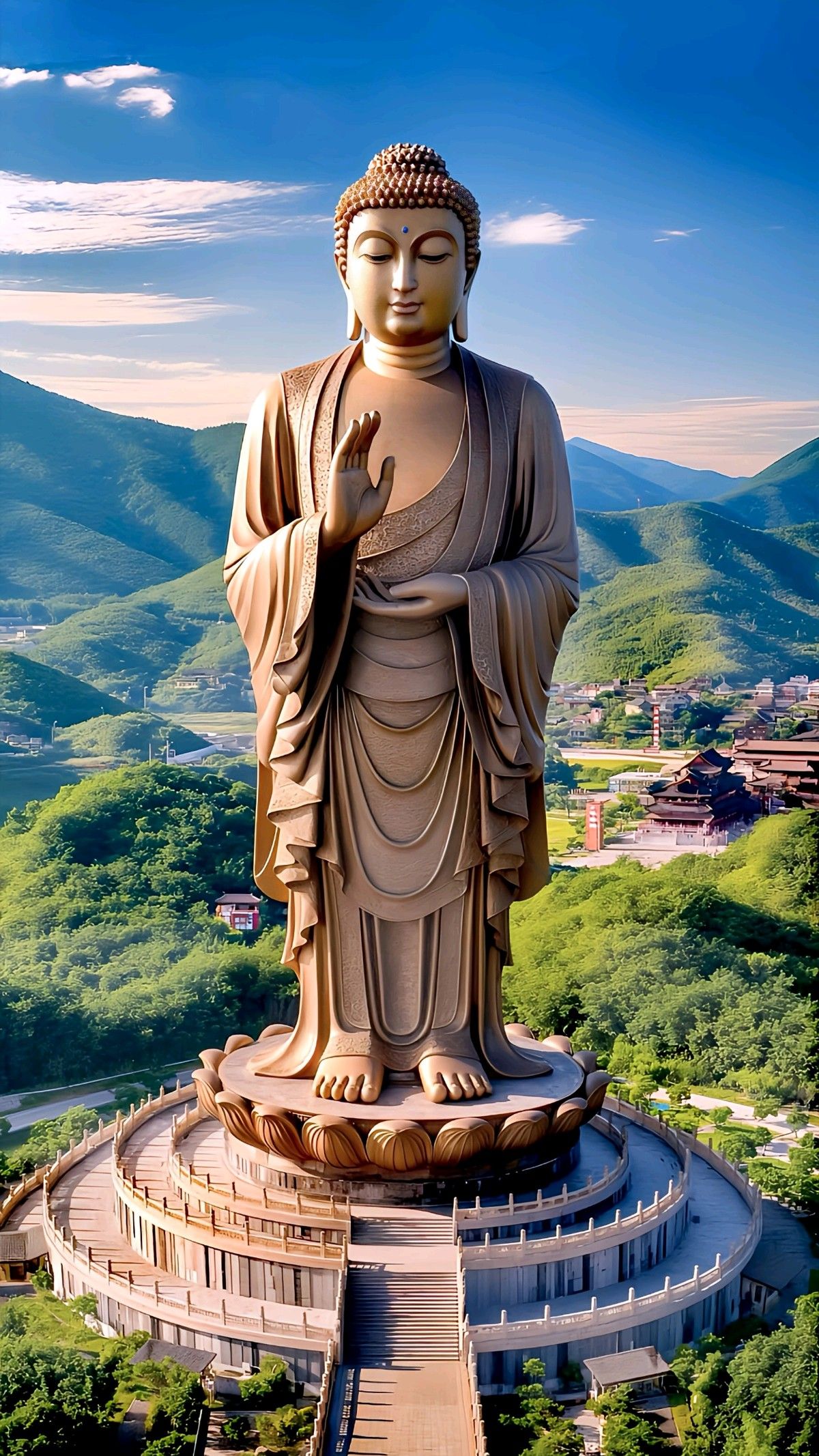 Golden Buddha statue overlooking mountains.