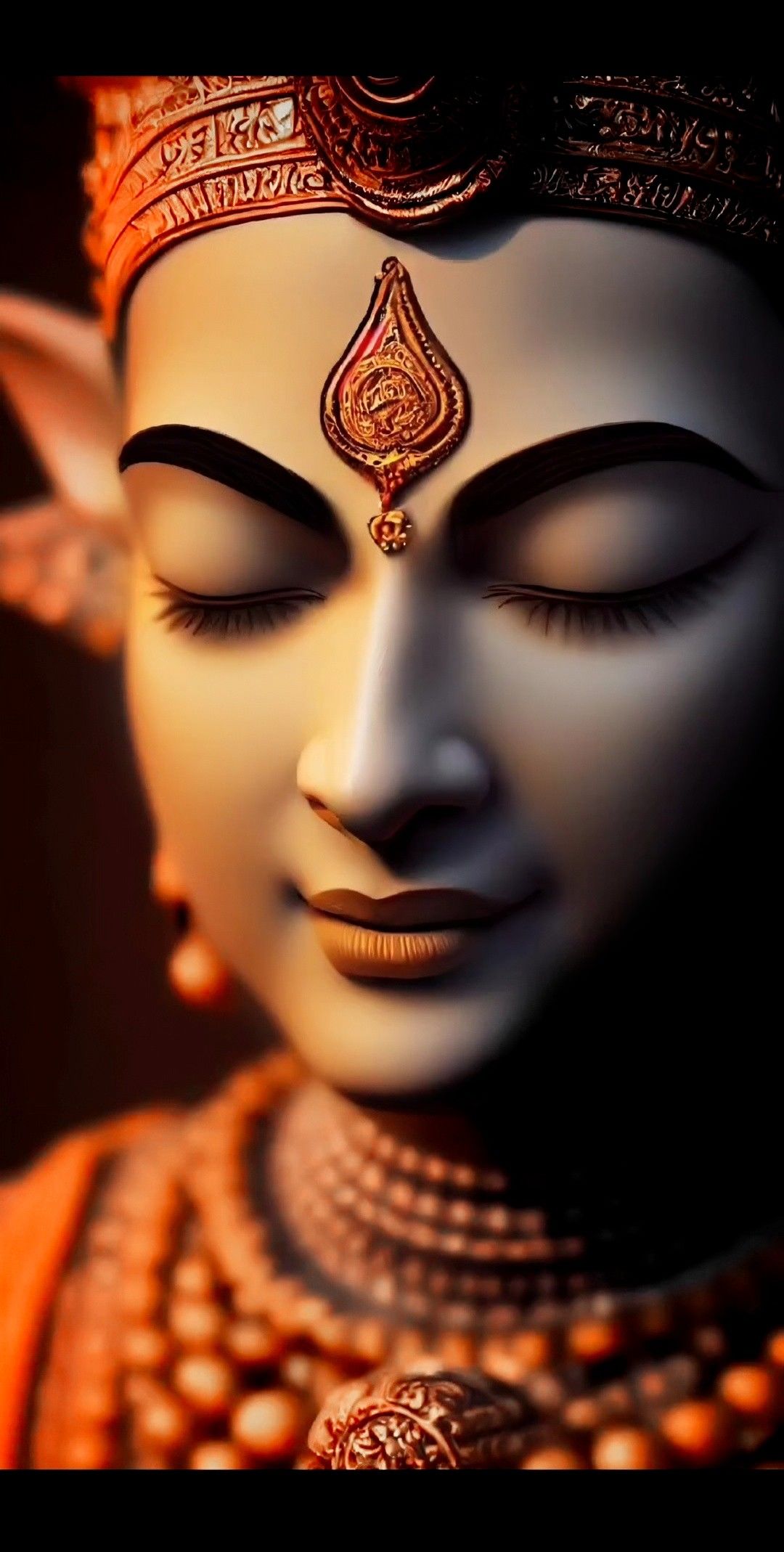 Serene Buddha face, peaceful enlightenment.