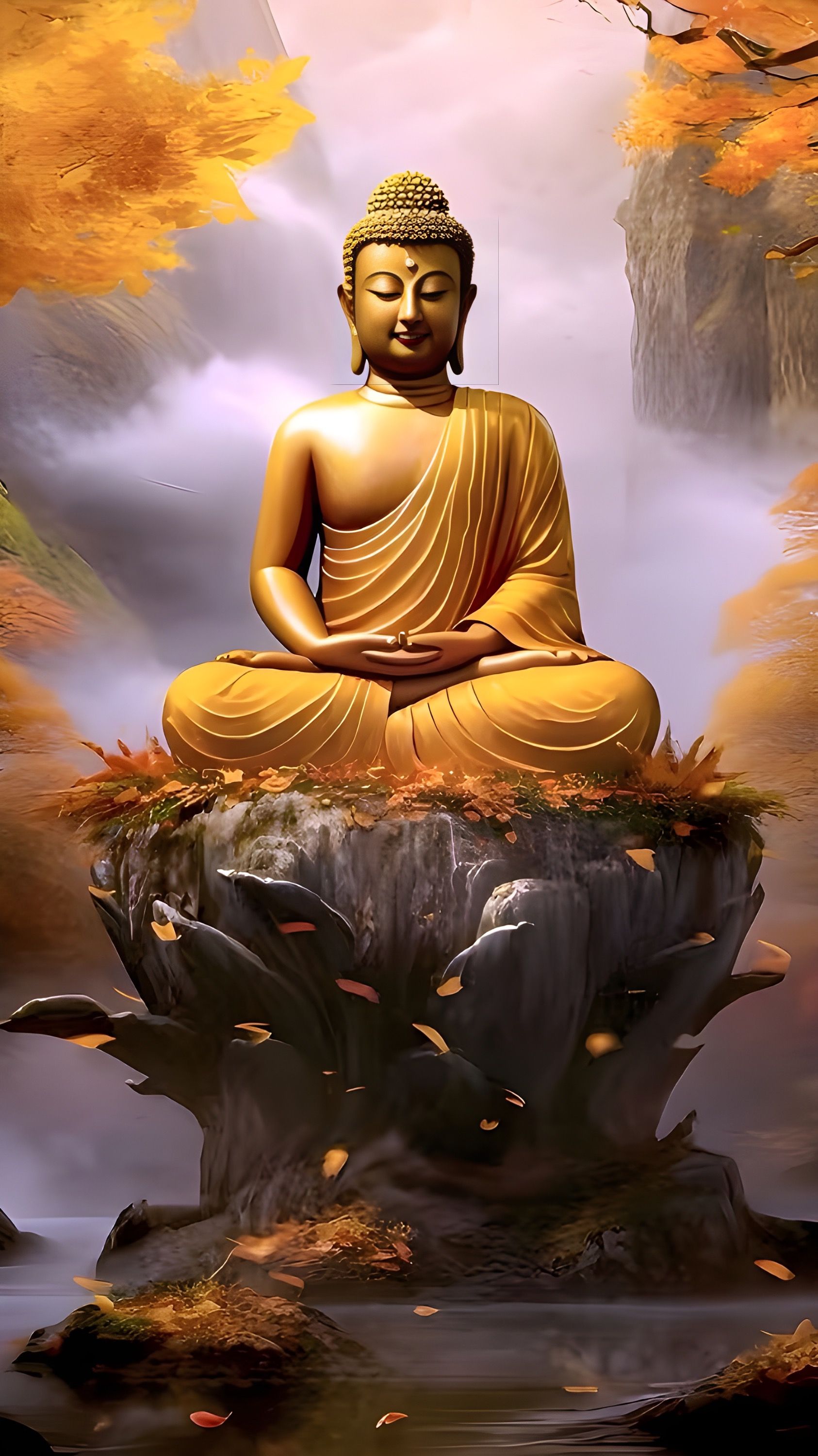 Golden Buddha meditating amongst autumn leaves