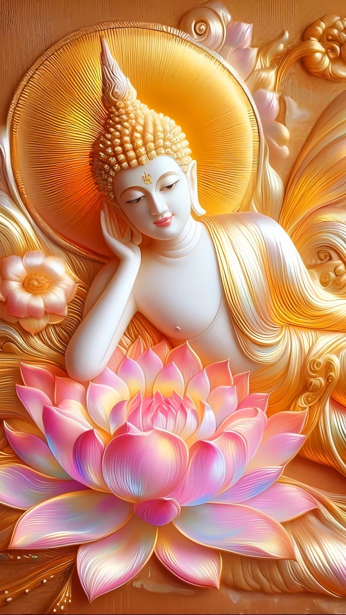 Buddha resting amongst pink lotuses.