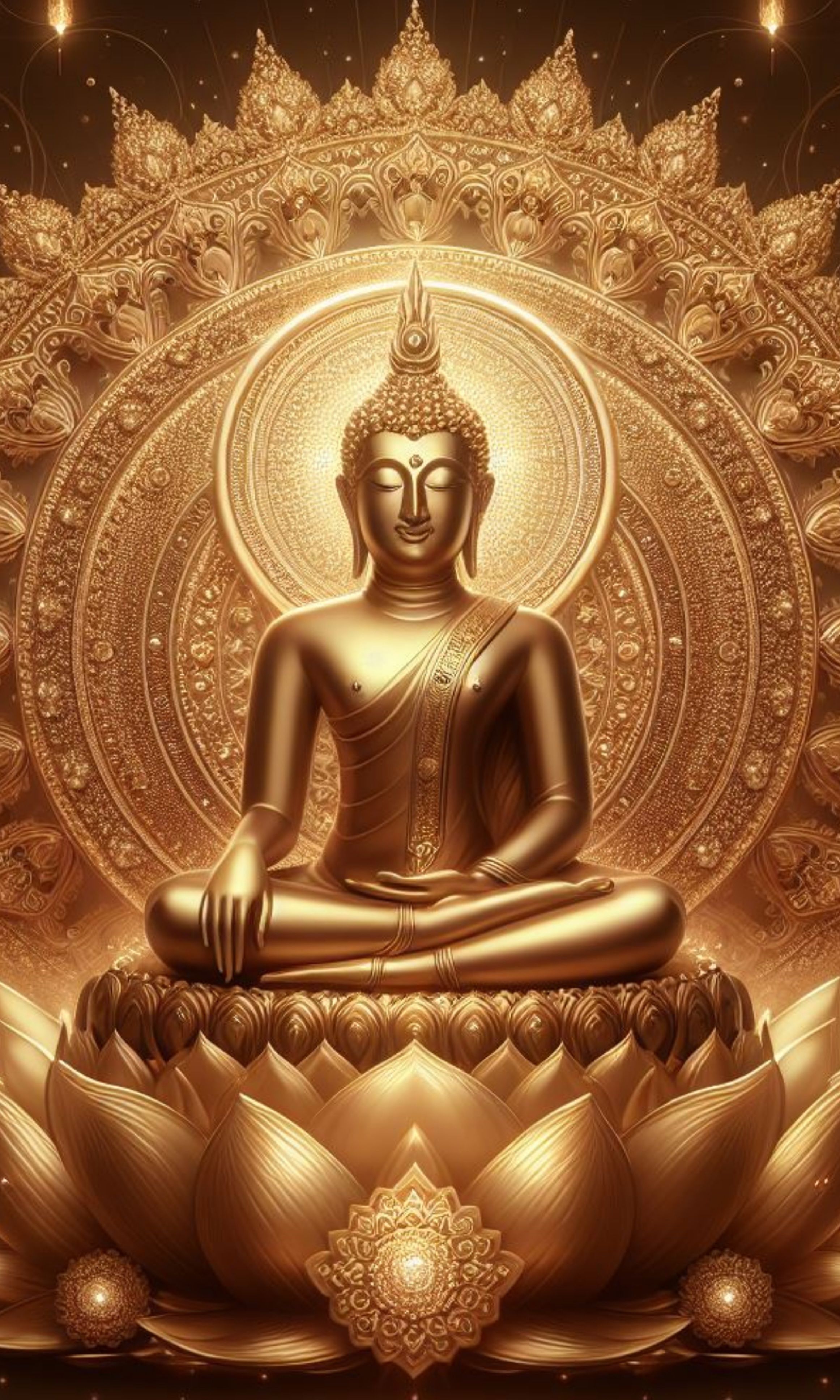 Golden Buddha meditating on a lotus