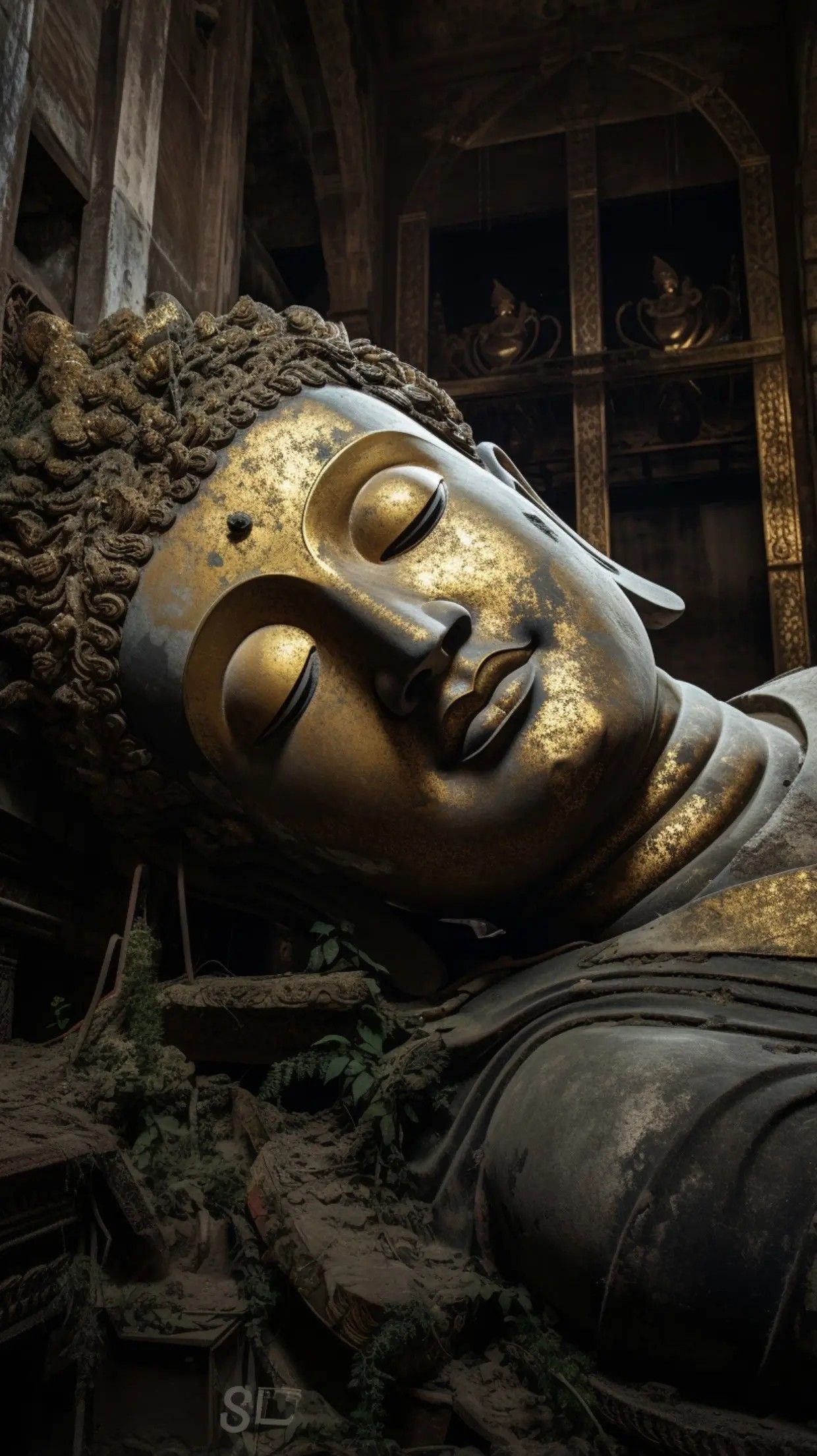 Reclining golden Buddha in temple