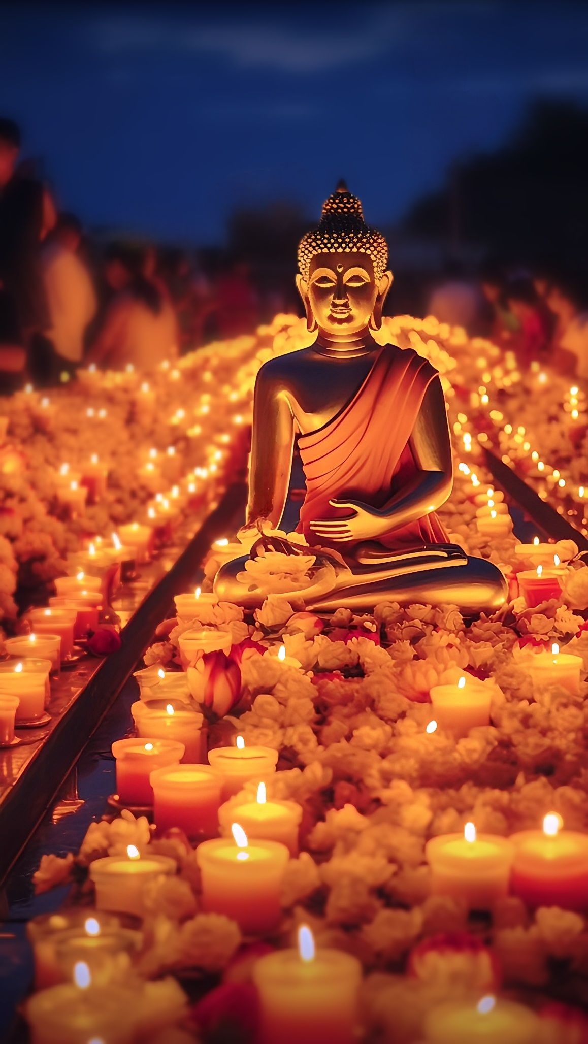 Buddha statue amidst candles and lotus
