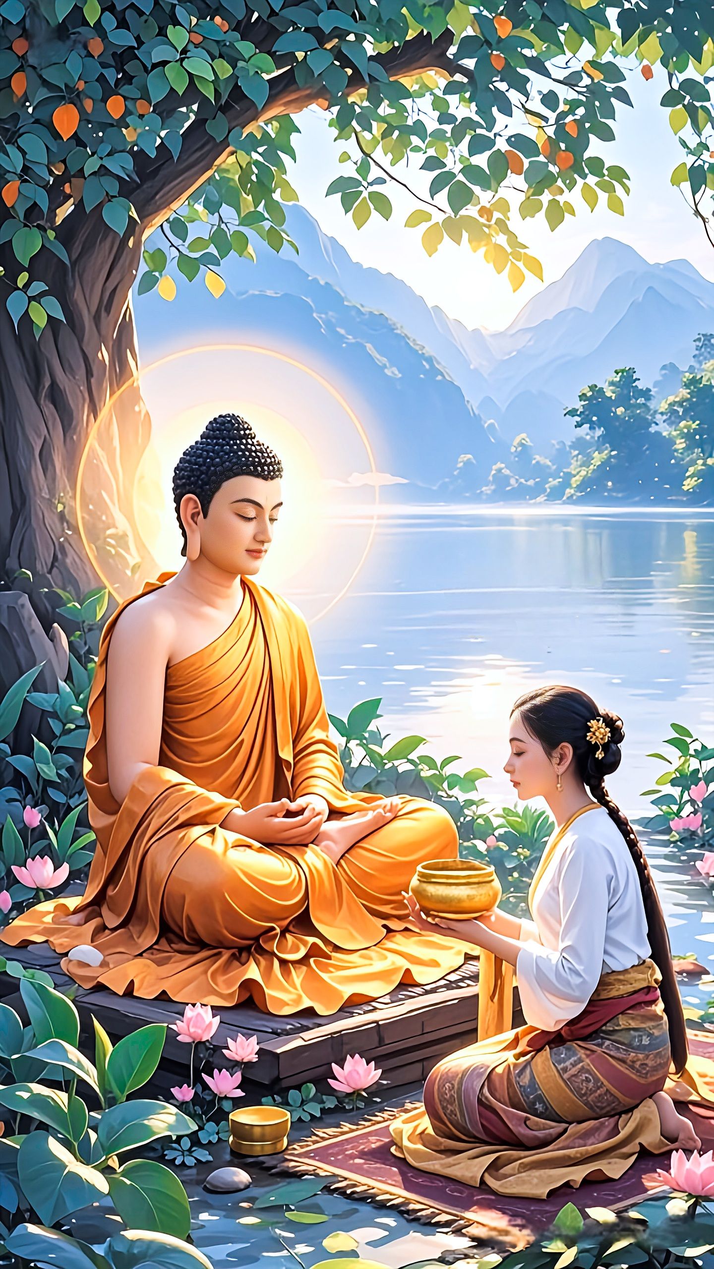 Buddha meditating under Bodhi tree
