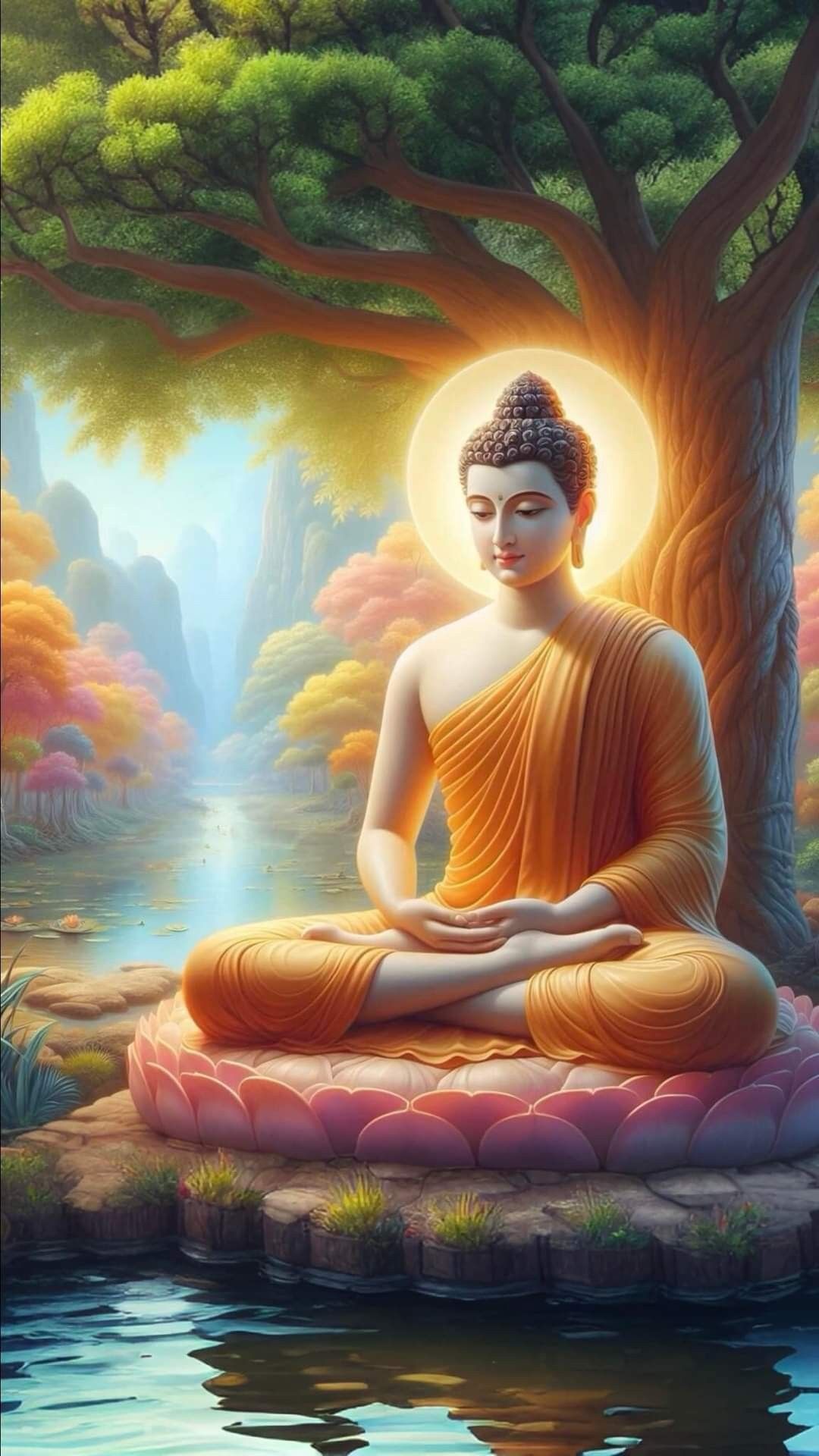 Buddha meditating under a Bodhi tree