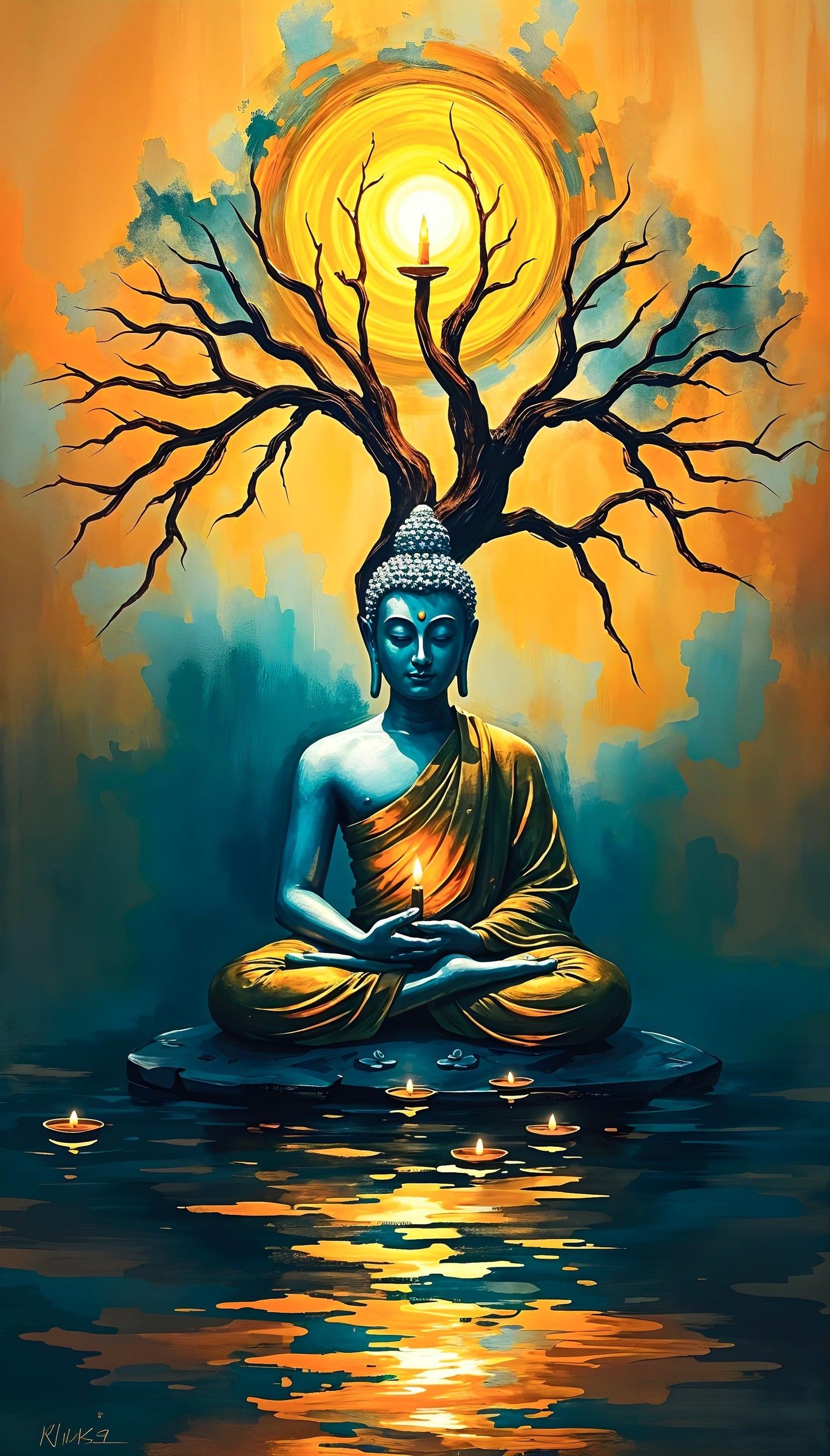 Buddha meditating under tree of life