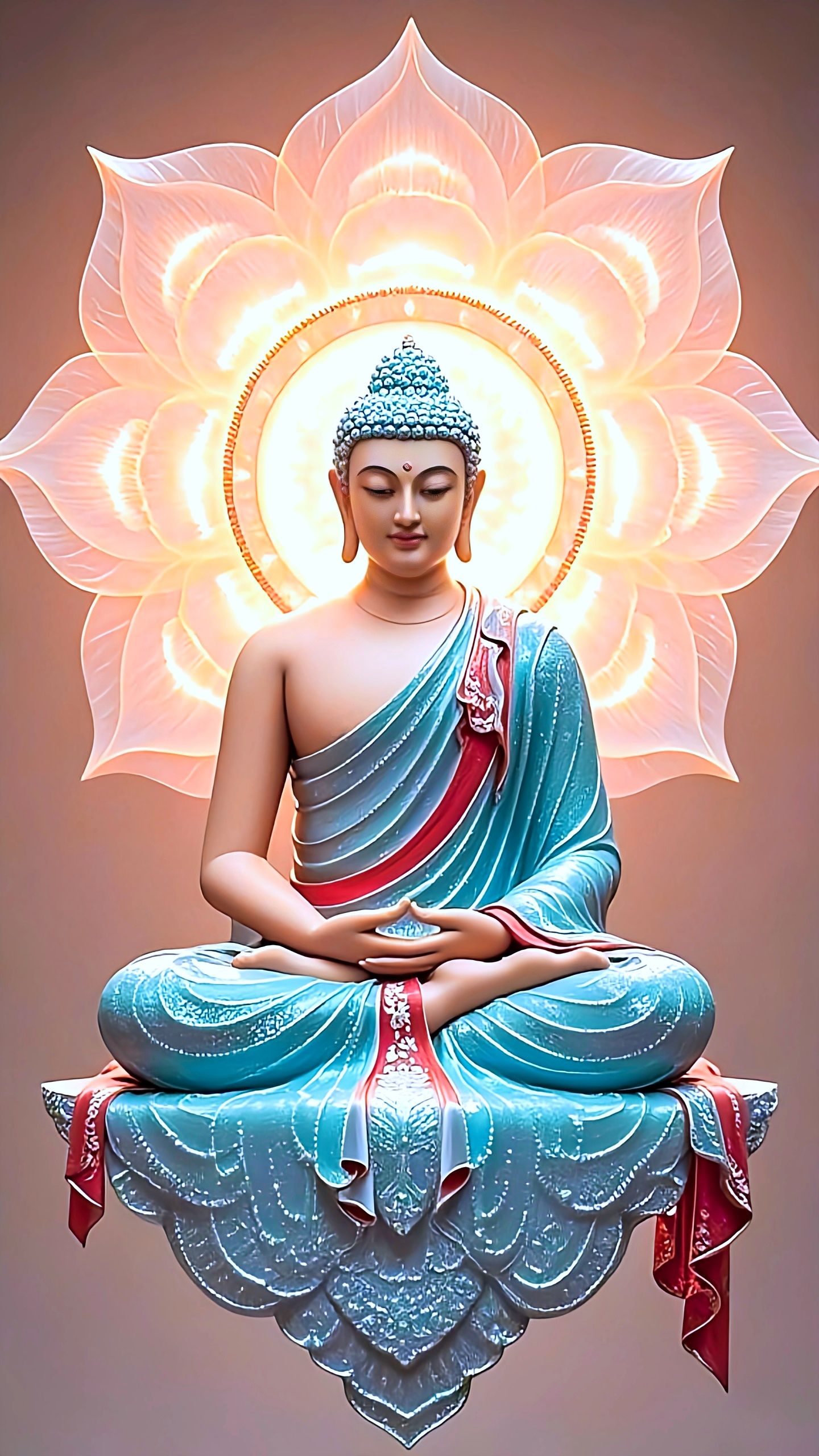 Buddha in lotus position, radiating light.