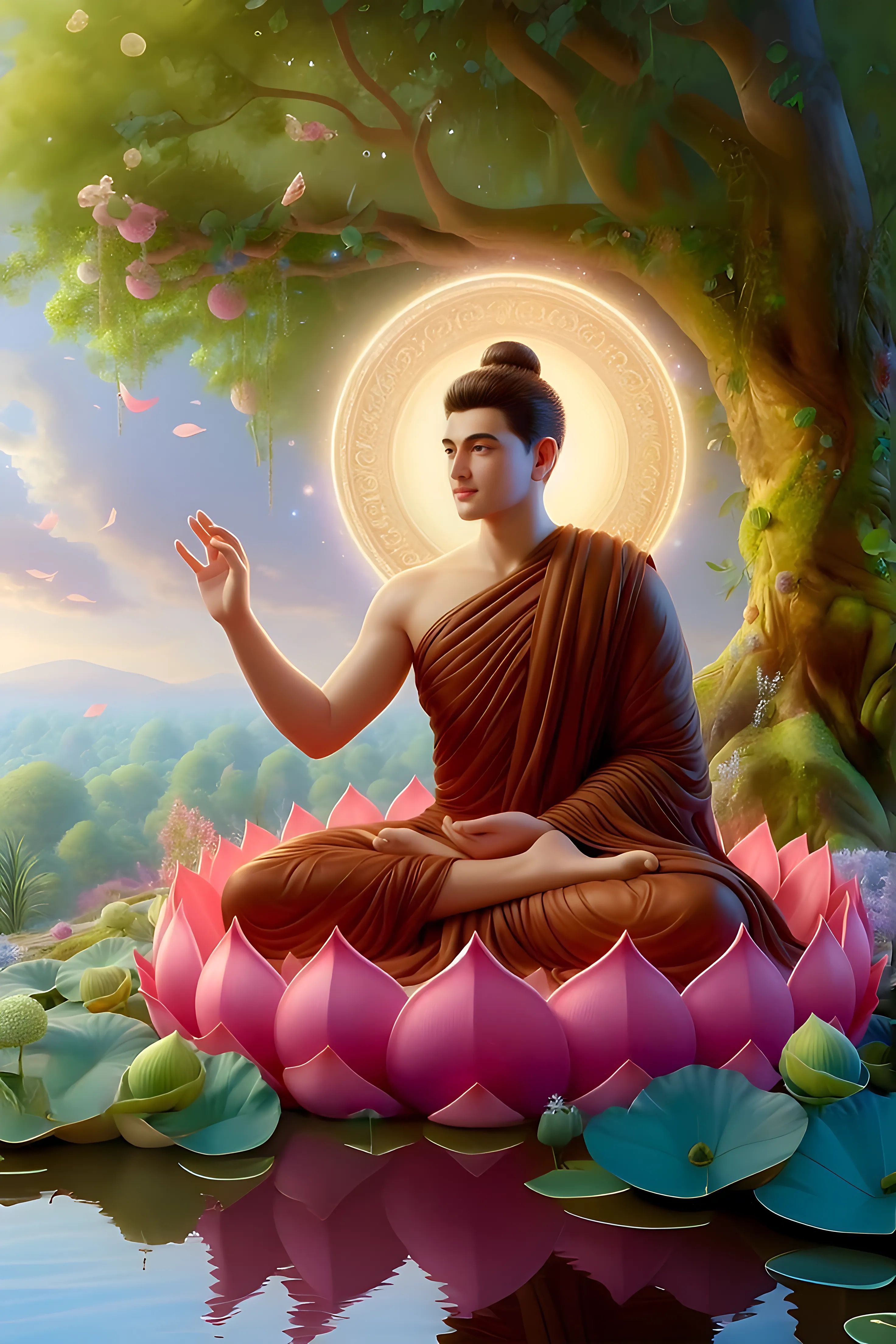Buddha meditating on a lotus flower.