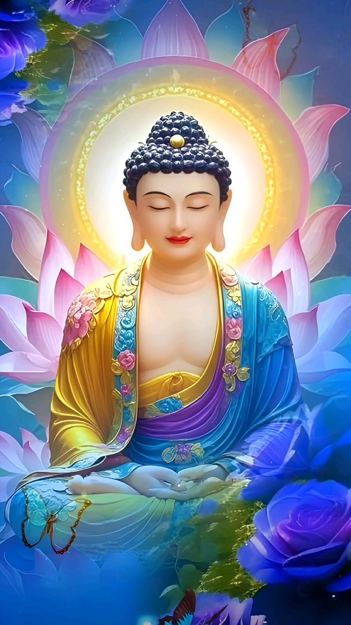 Buddha meditating on lotus flower.