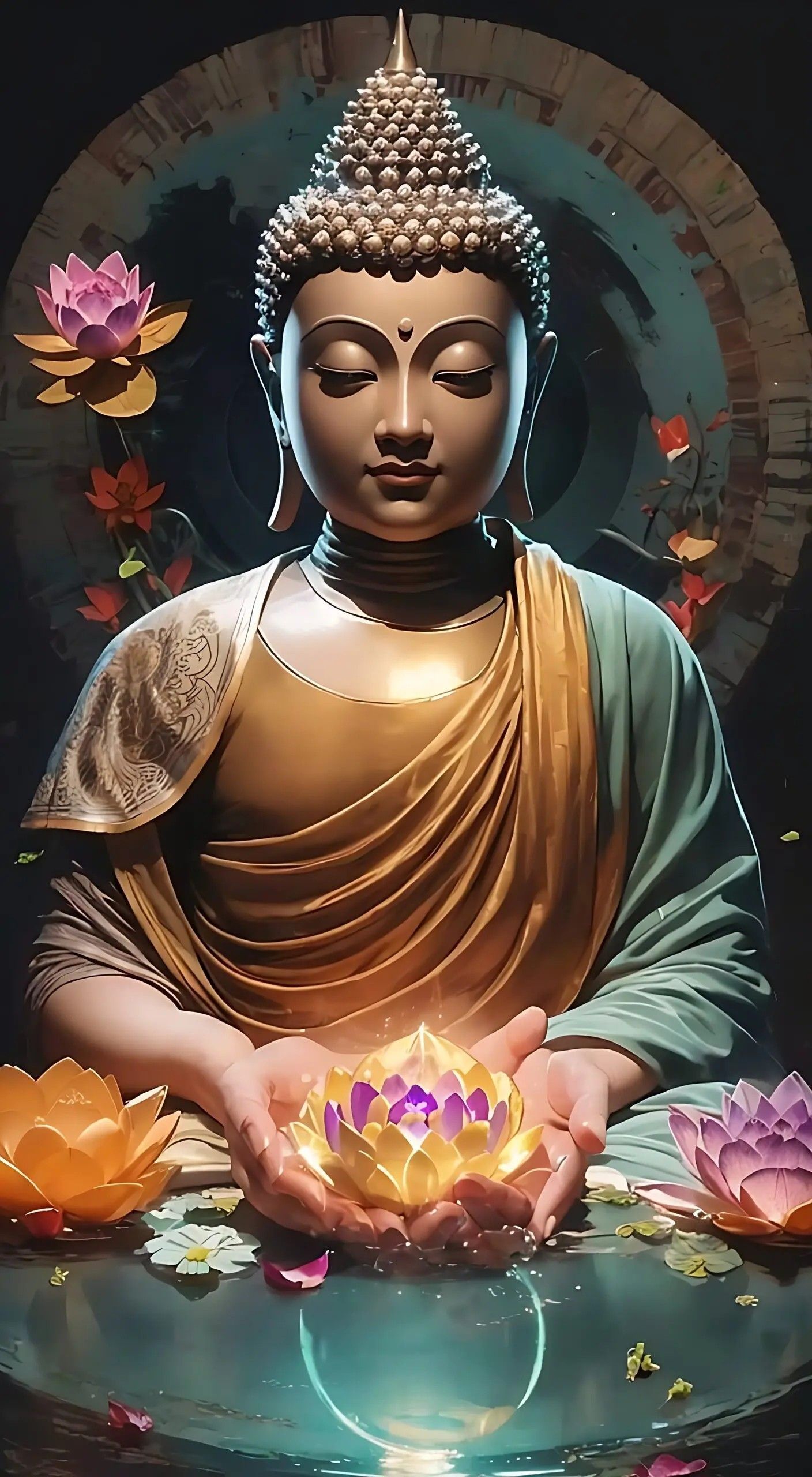 Buddha meditating with lotus flowers