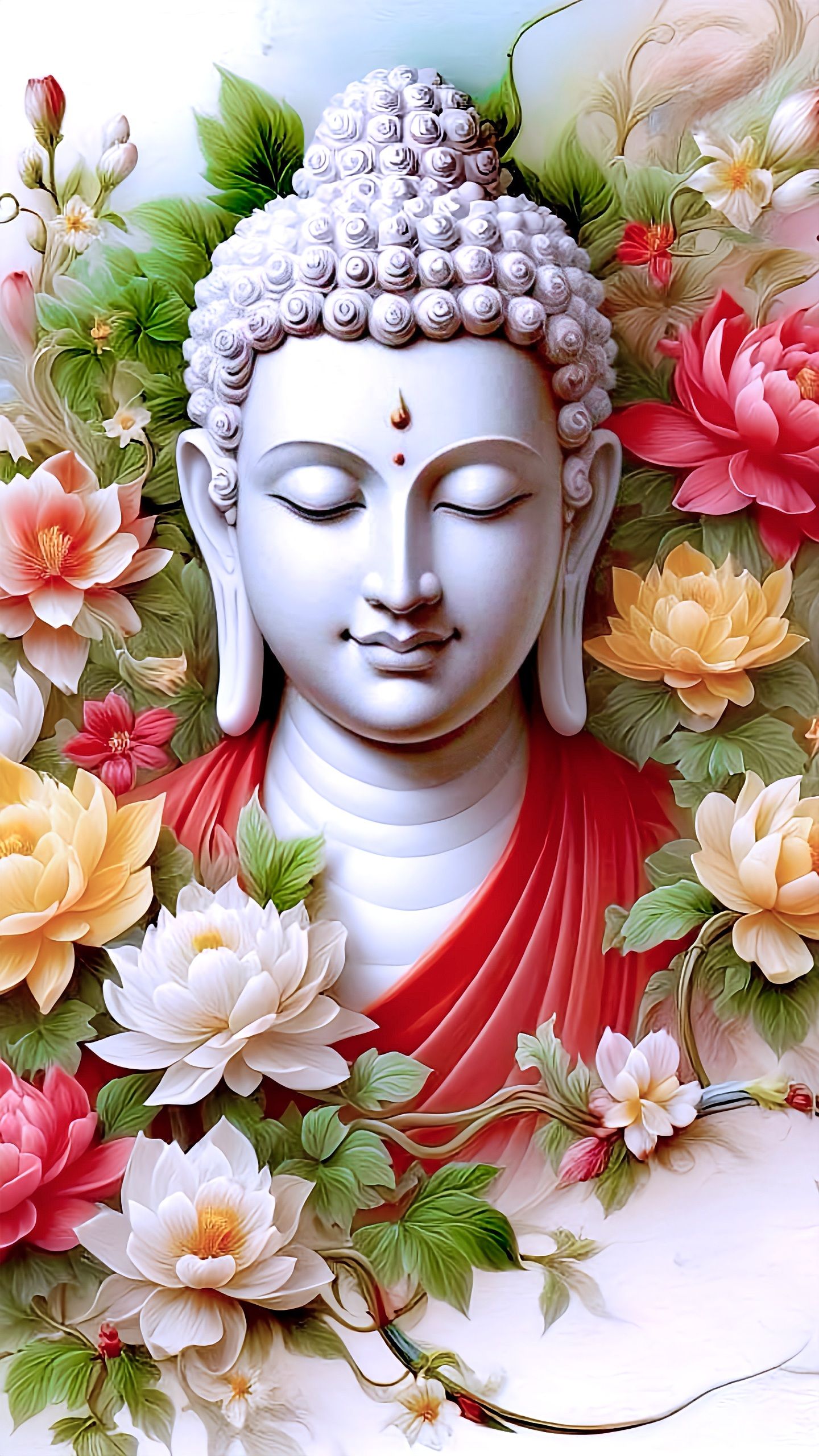 Buddha surrounded by blooming lotus flowers.