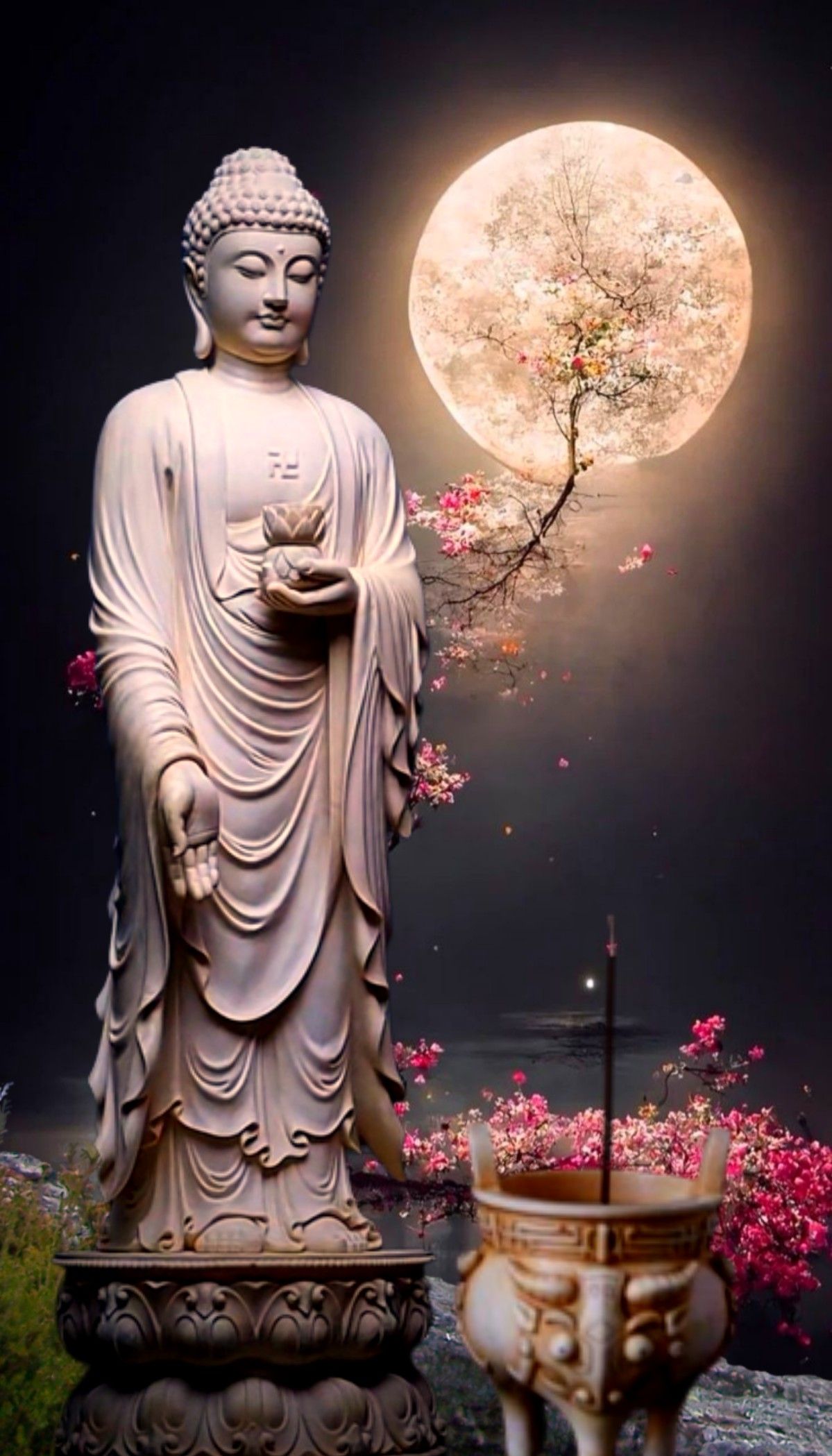Buddha statue under a full moon