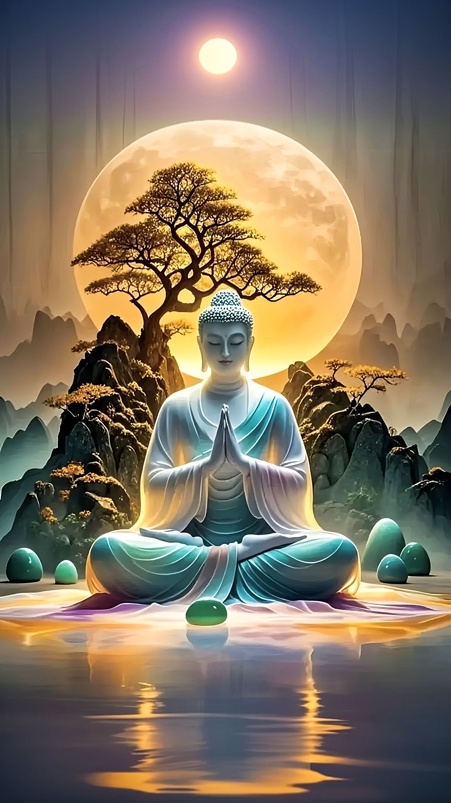 Buddha meditating under the full moon