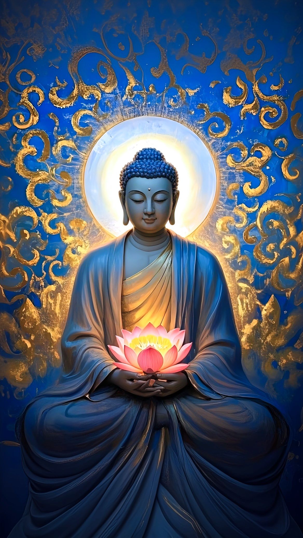 Buddha meditating with a lotus flower