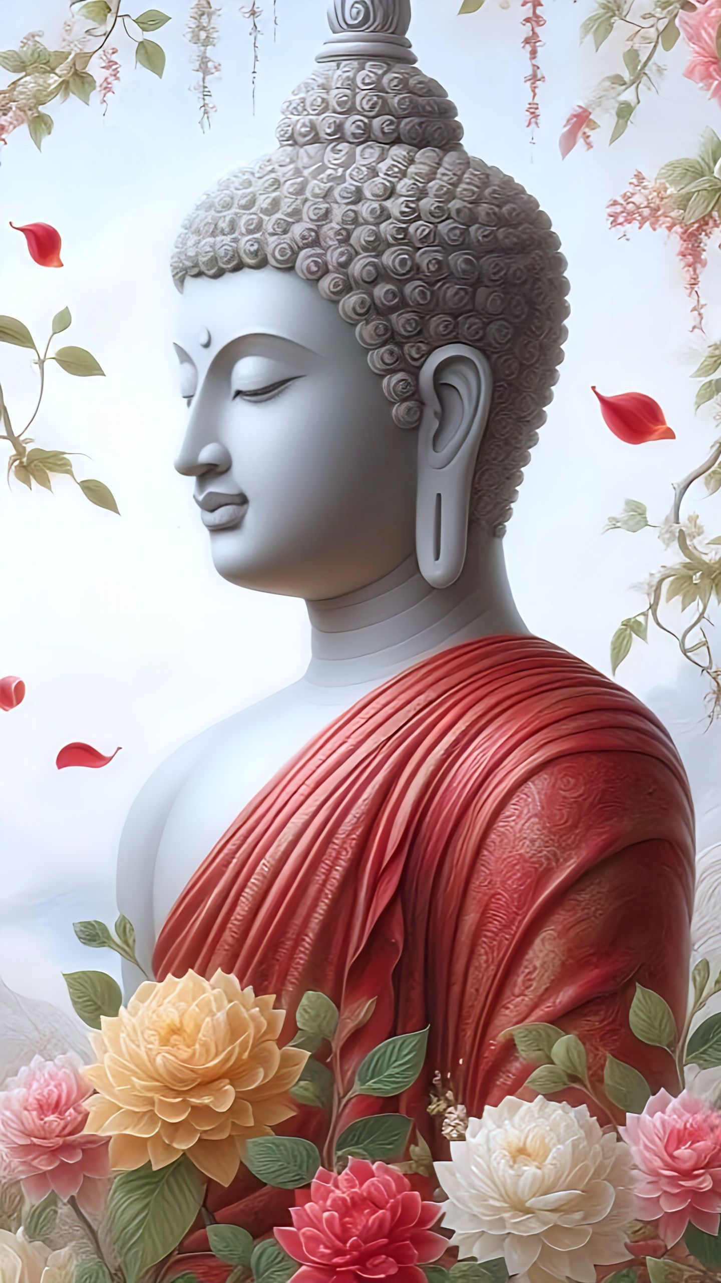 Buddha with red robes and flowers