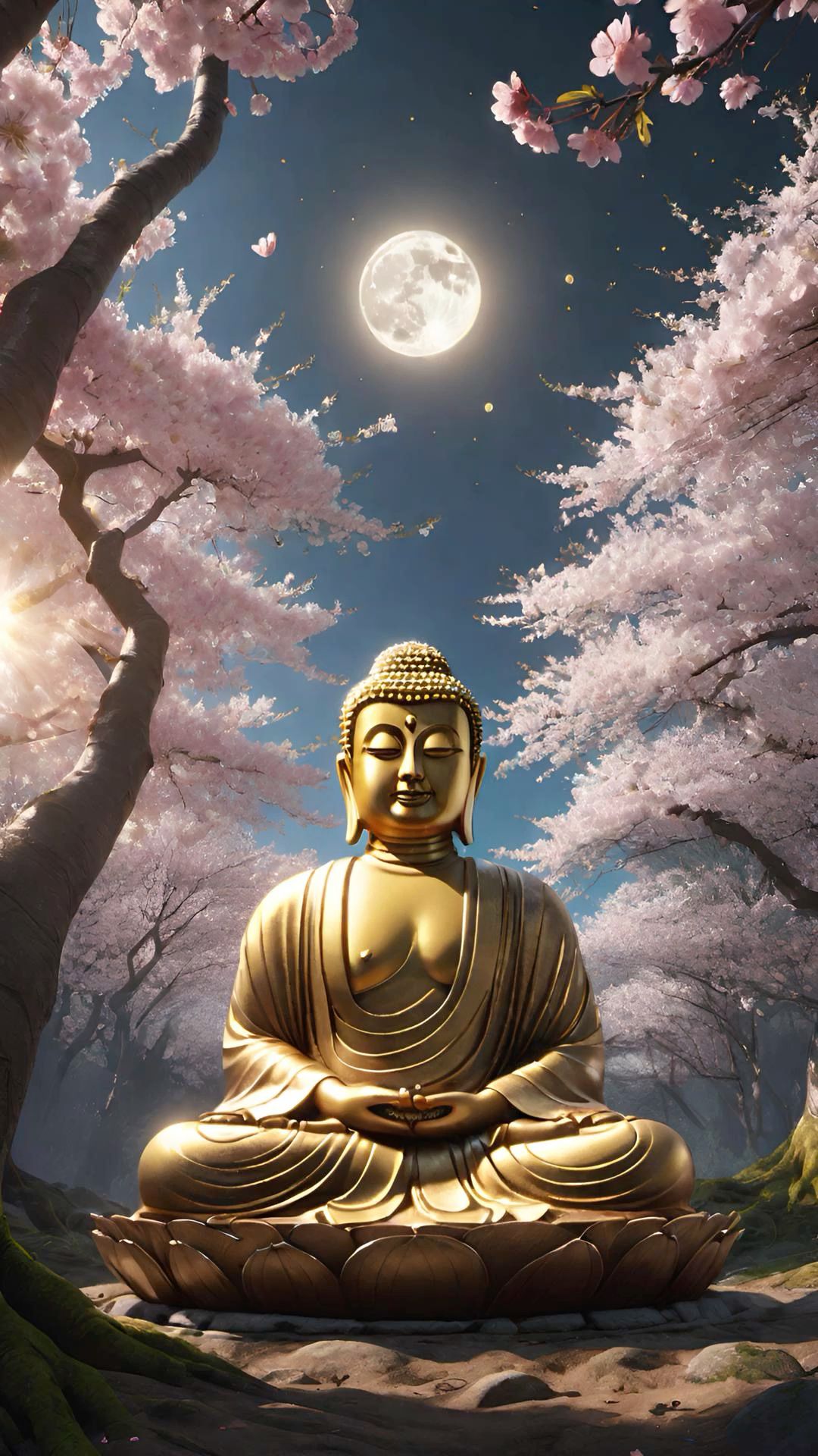 Buddha meditating under blossoming trees
