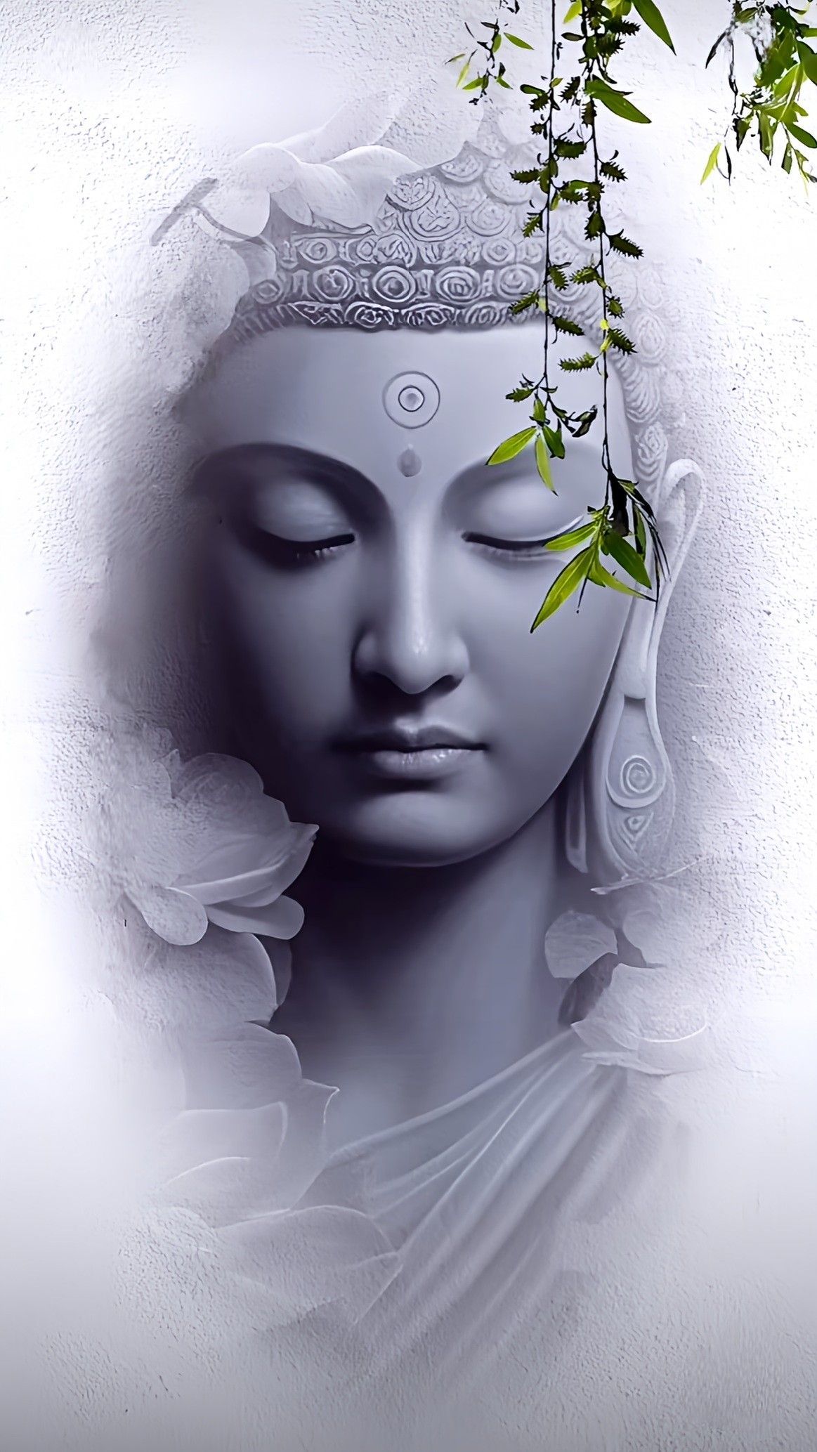 Peaceful buddha statue with calming leaves