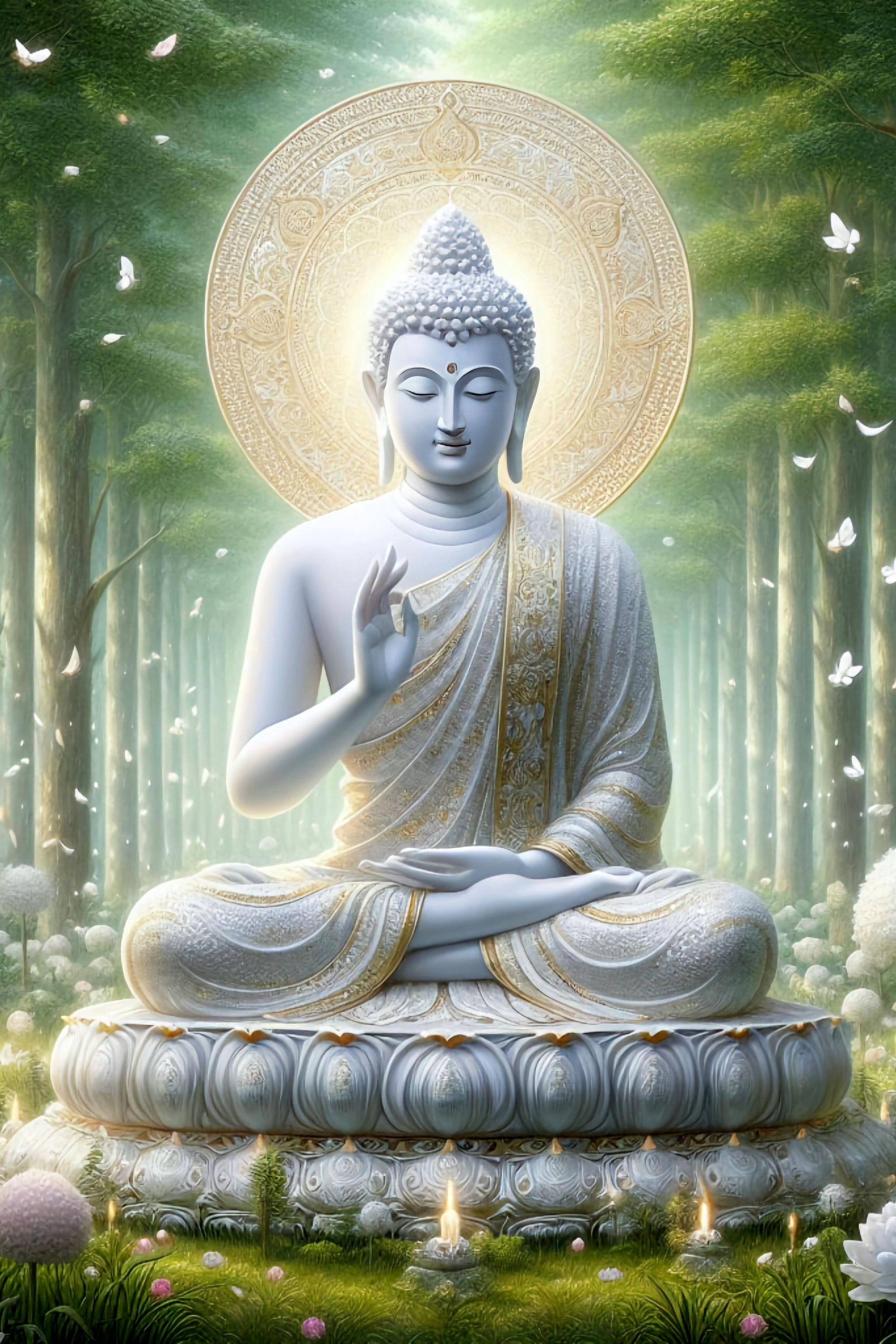 Buddha meditating in peaceful forest setting