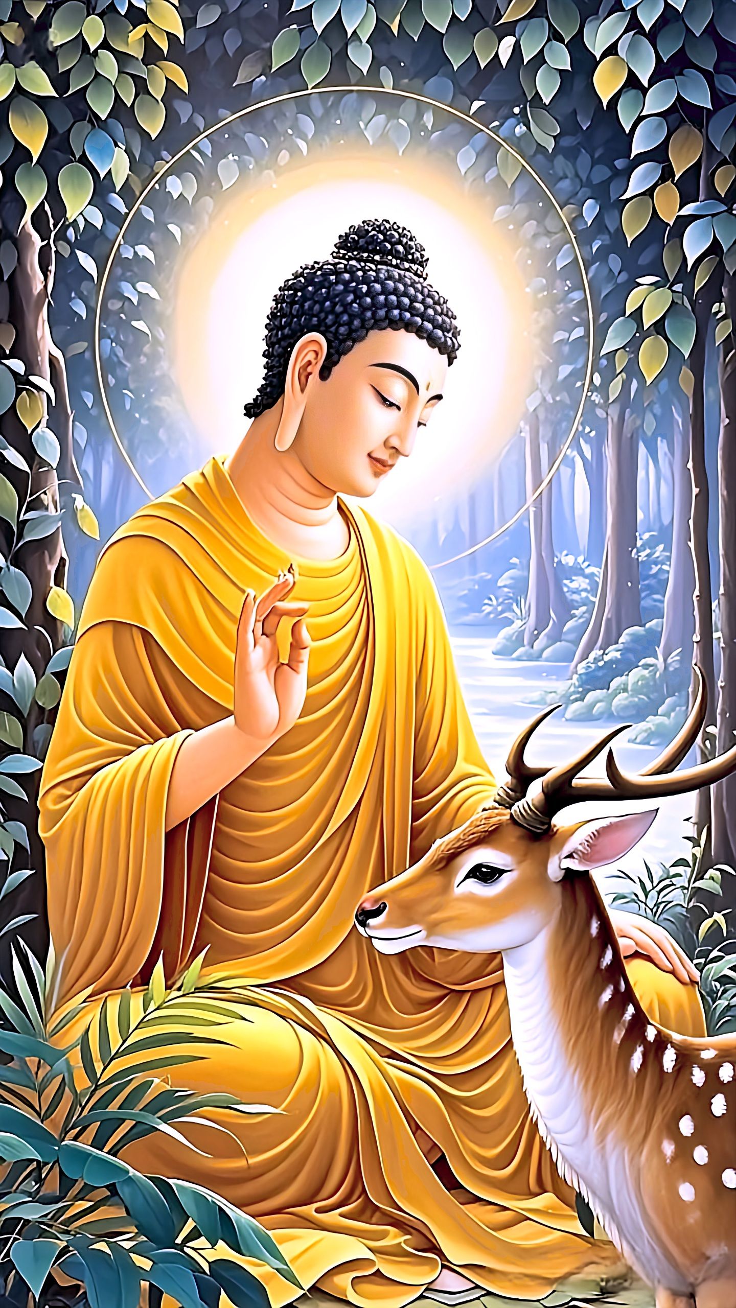 Buddha meditating with a gentle deer