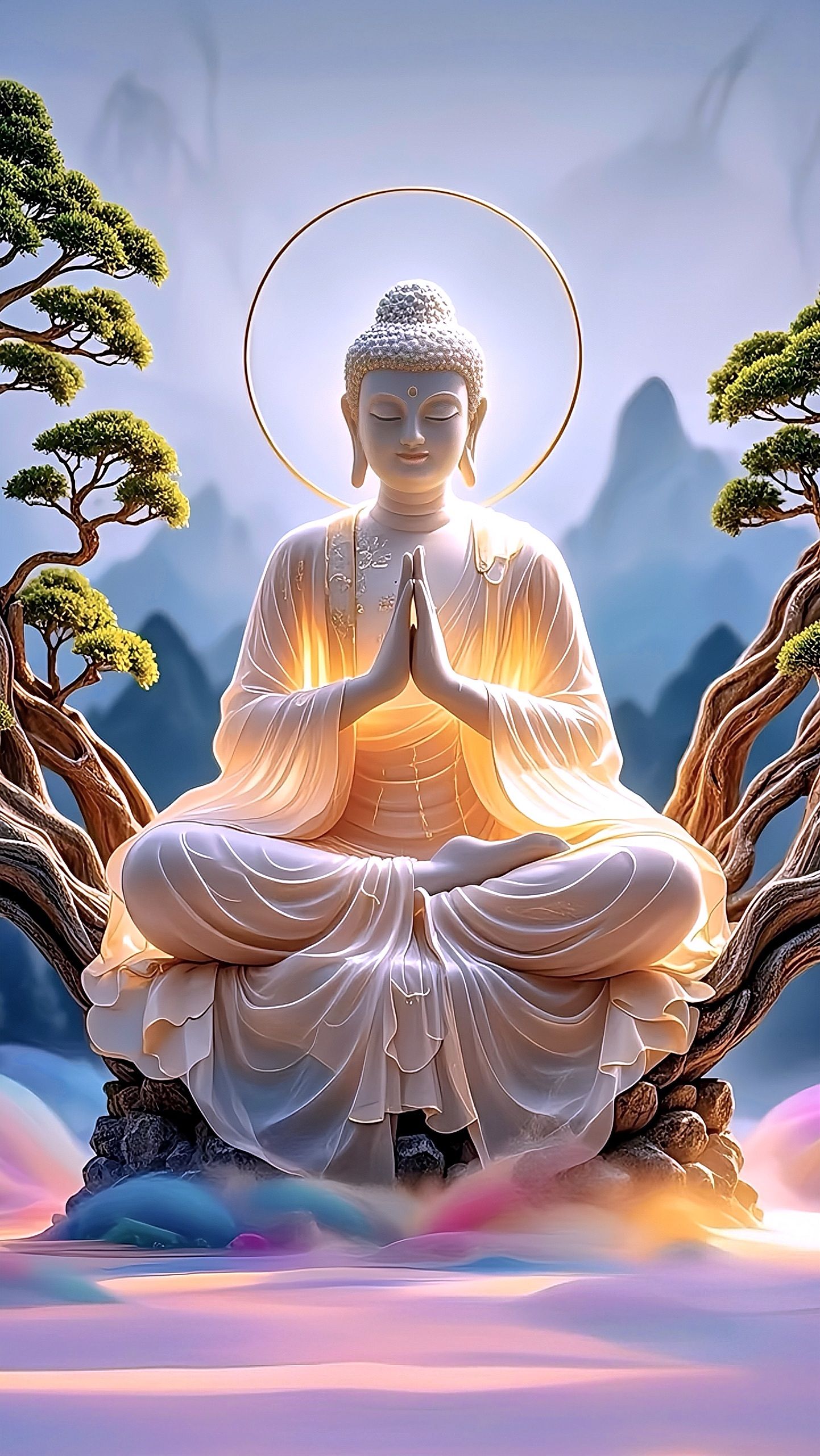 Buddha meditating beneath a golden halo