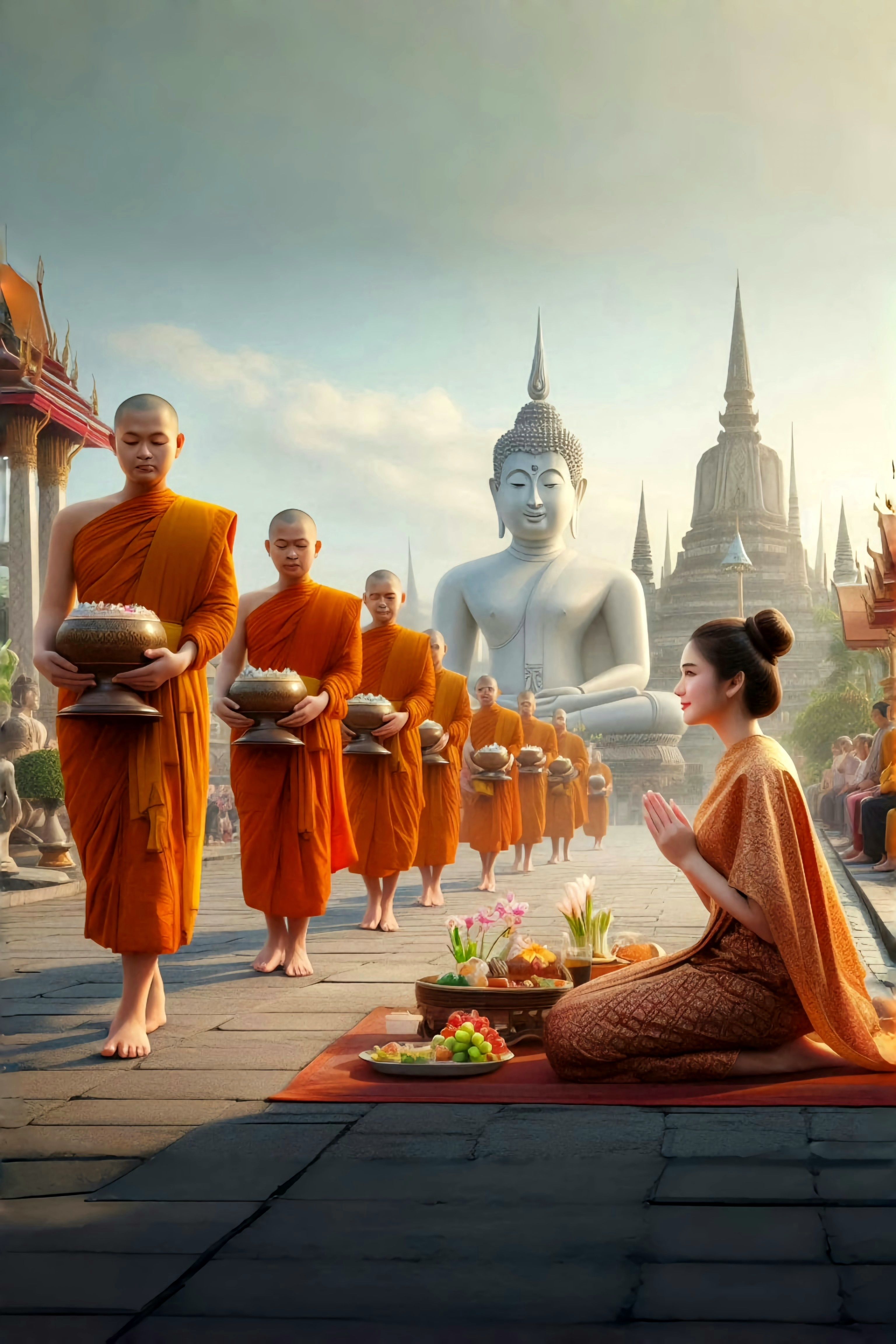 Buddha statue with monks and worshipper.