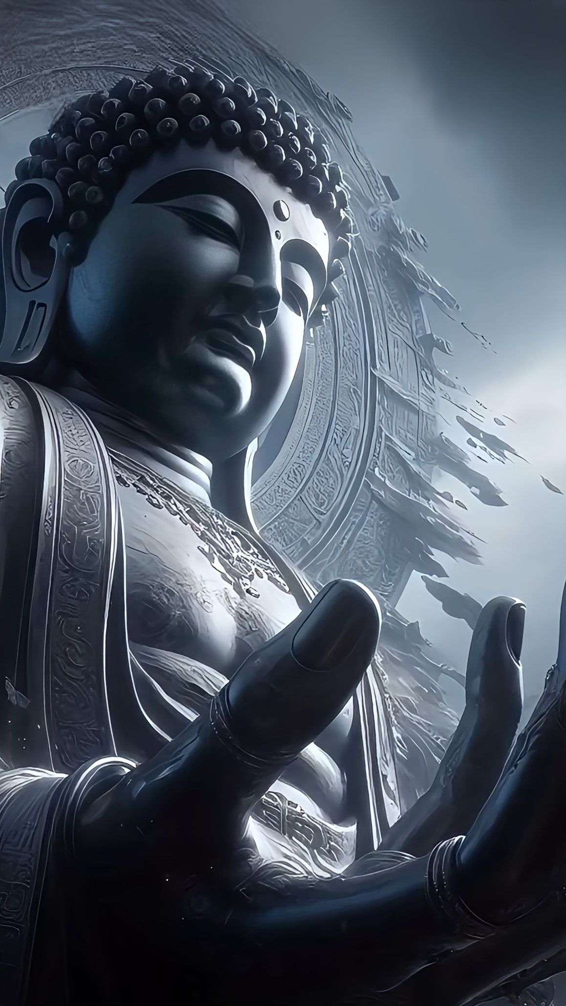 Buddha statue meditating in grayscale tones.