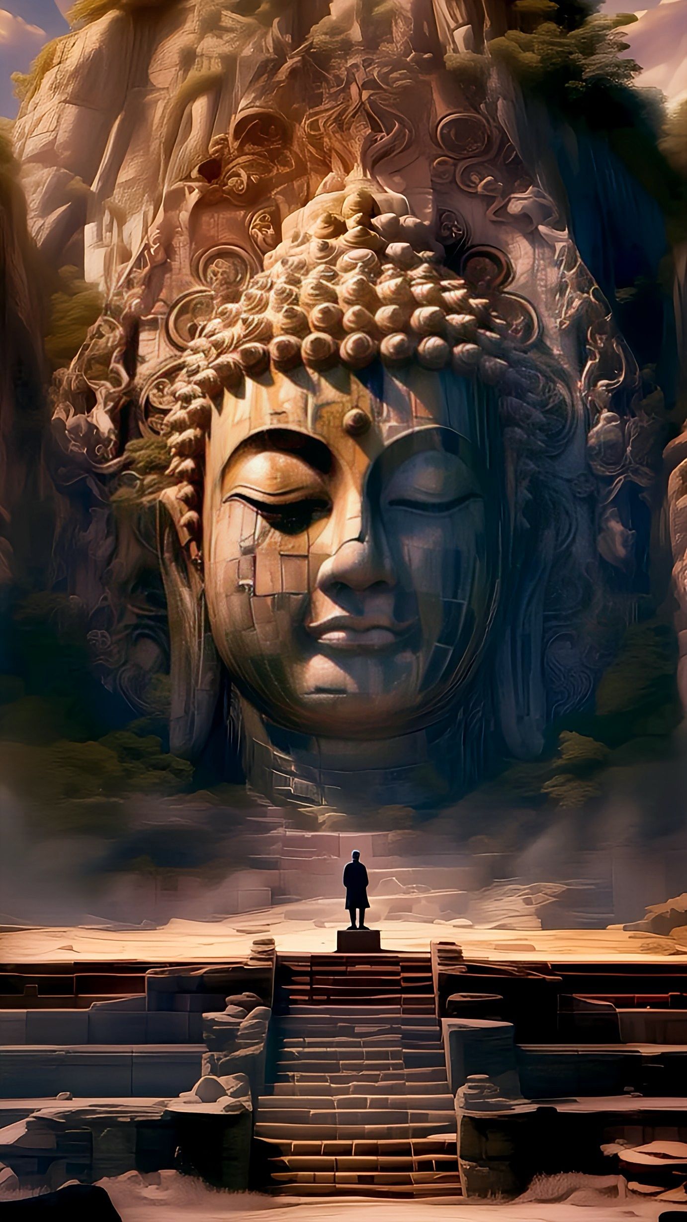 Buddha face carved into a mountain