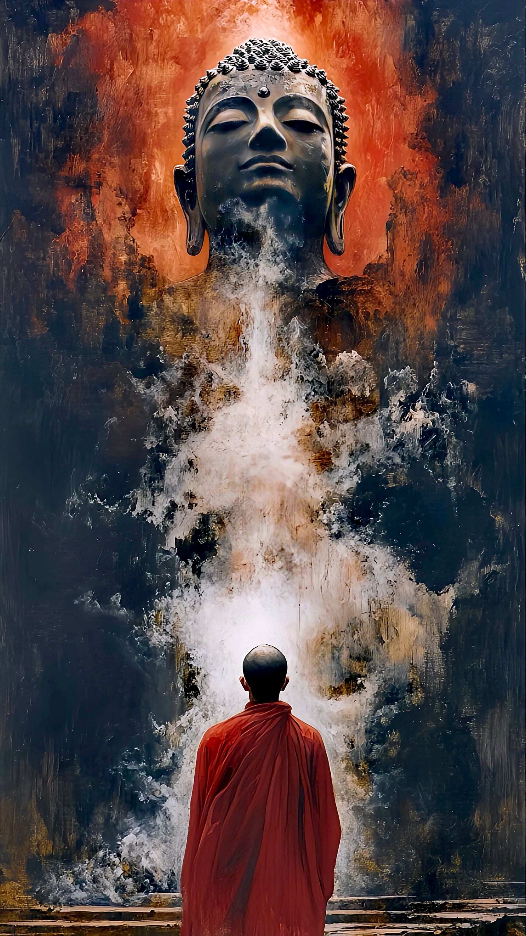 Buddha statue and monk meditating peacefully