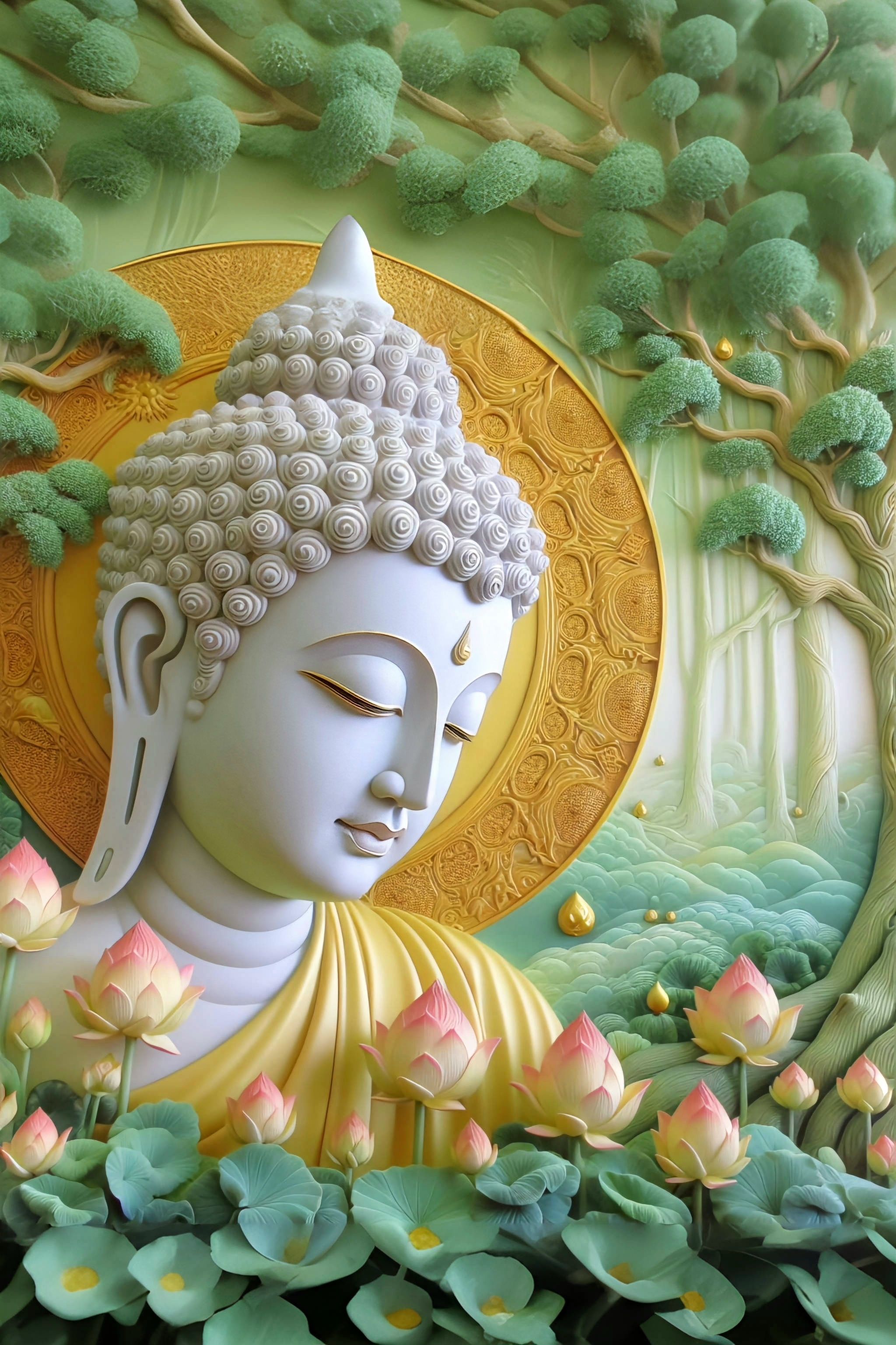 Buddha with lotus flowers, peaceful wallpaper